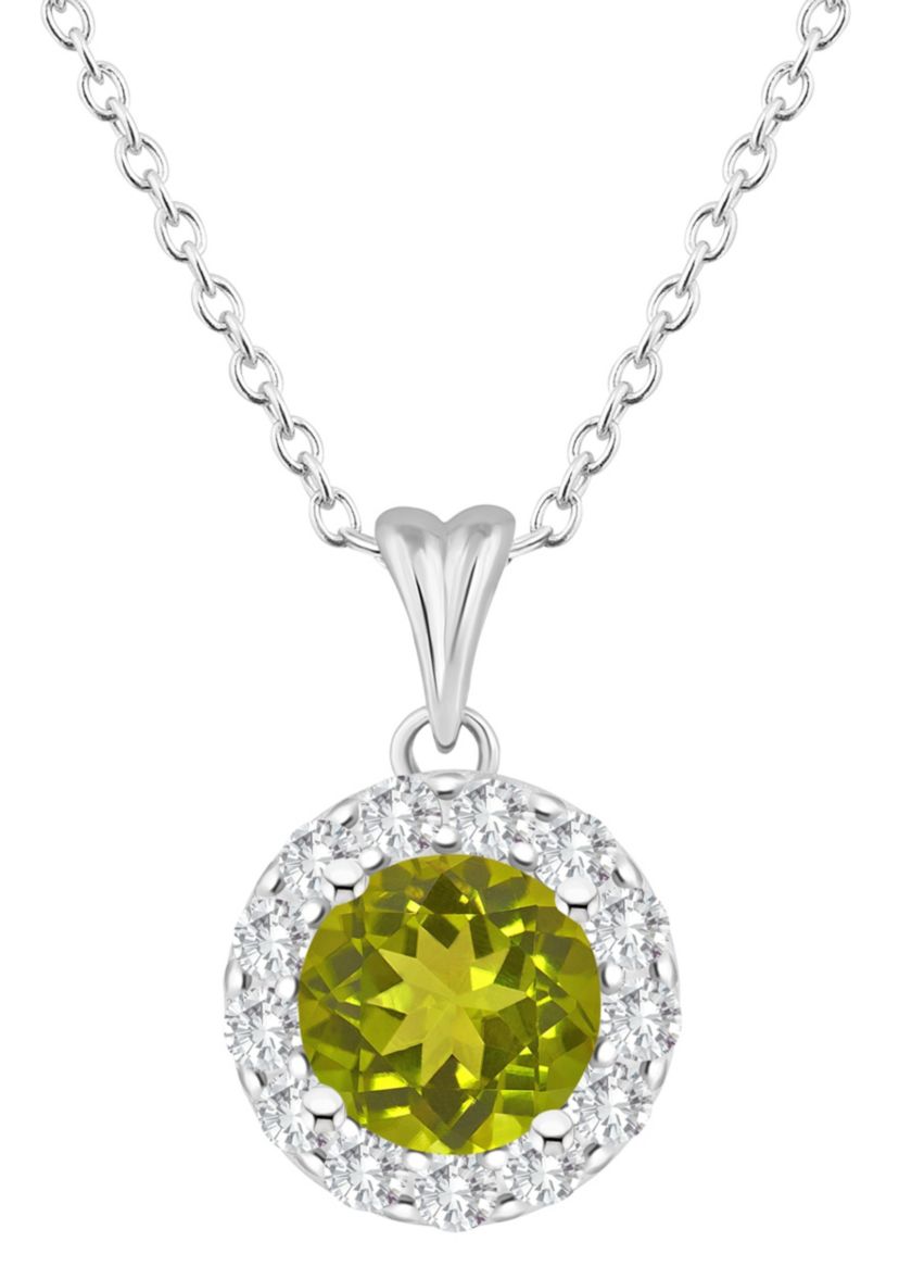 Sterling Silver 7mm Round Peridot And White Topaz Halo Pendant Necklace