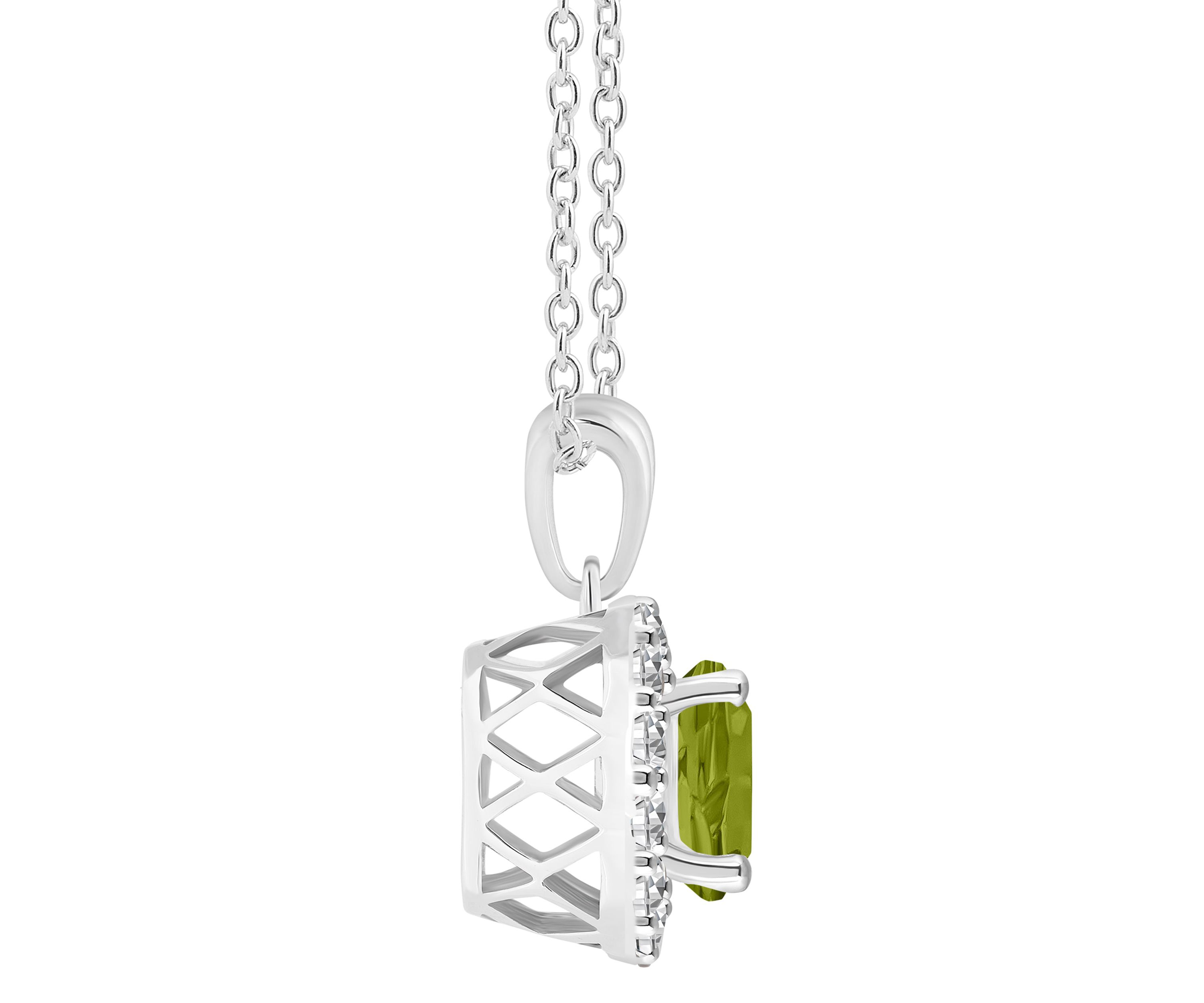 Sterling Silver 7mm Round Peridot And White Topaz Halo Pendant Necklace