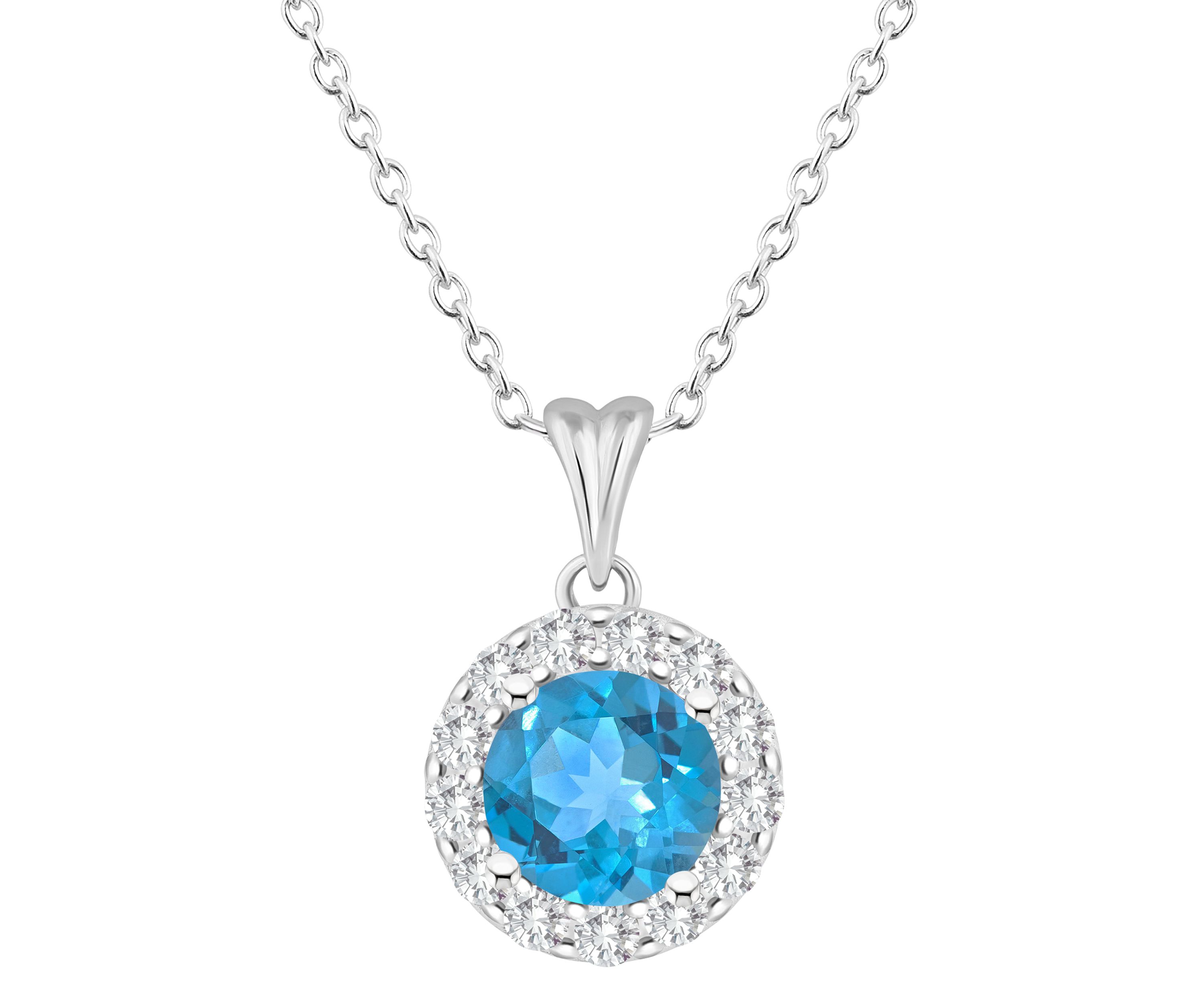 Sterling Silver 7mm Round Blue Topaz And White Topaz Halo Pendant Necklace