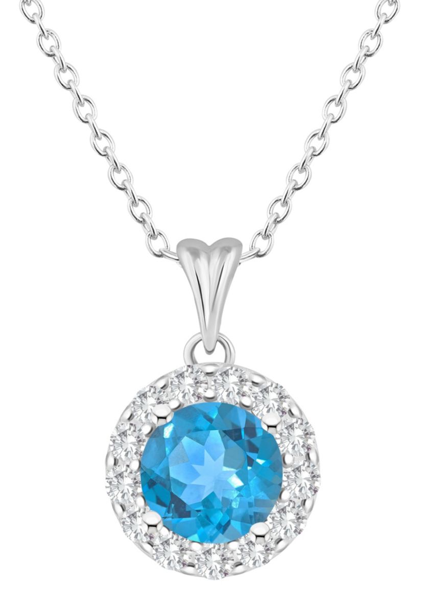 Sterling Silver 7mm Round Blue Topaz And White Topaz Halo Pendant Necklace