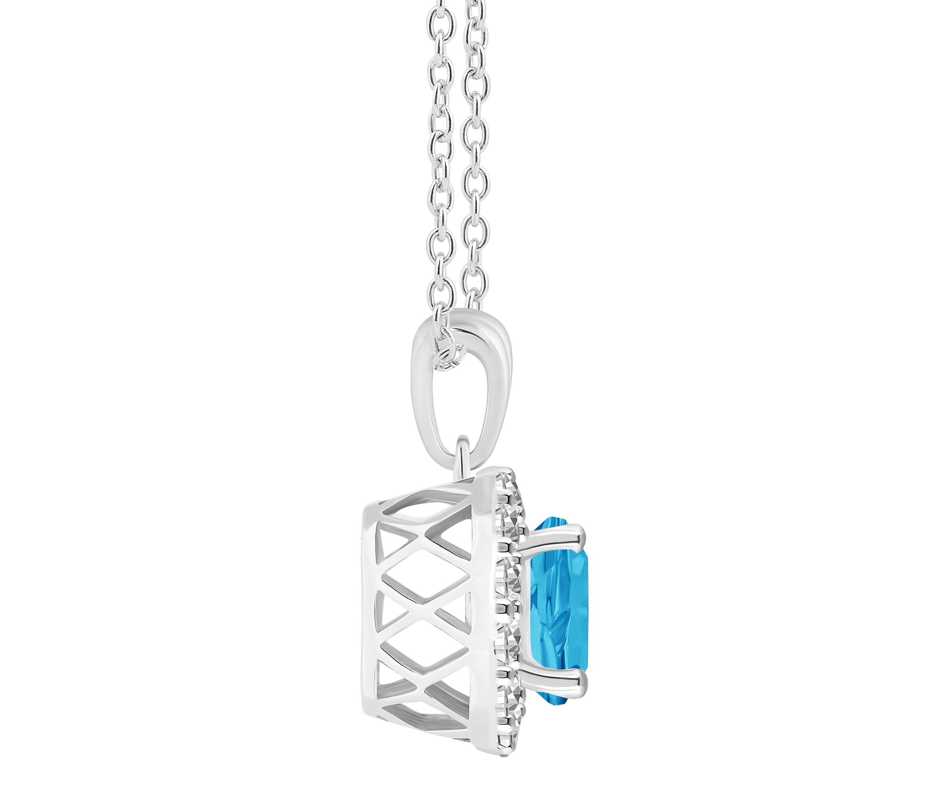 Sterling Silver 7mm Round Blue Topaz And White Topaz Halo Pendant Necklace
