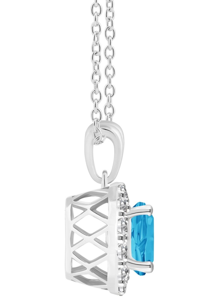Sterling Silver 7mm Round Blue Topaz And White Topaz Halo Pendant Necklace
