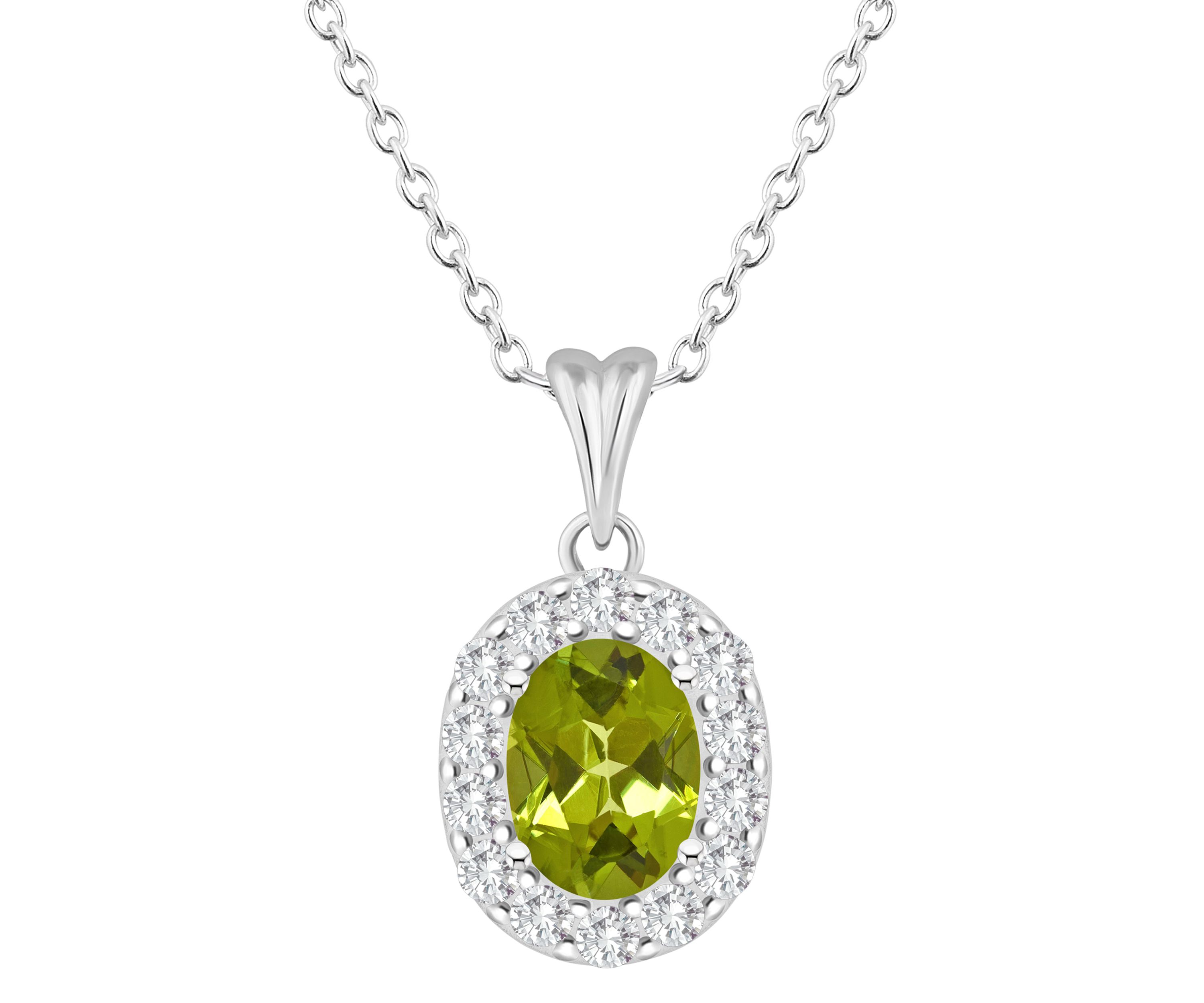 Sterling Silver 8x6mm Oval Peridot And White Topaz Halo Pendant Necklace