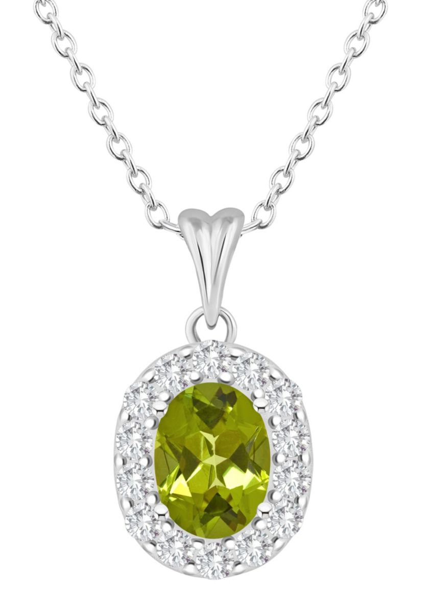Sterling Silver 8x6mm Oval Peridot And White Topaz Halo Pendant Necklace