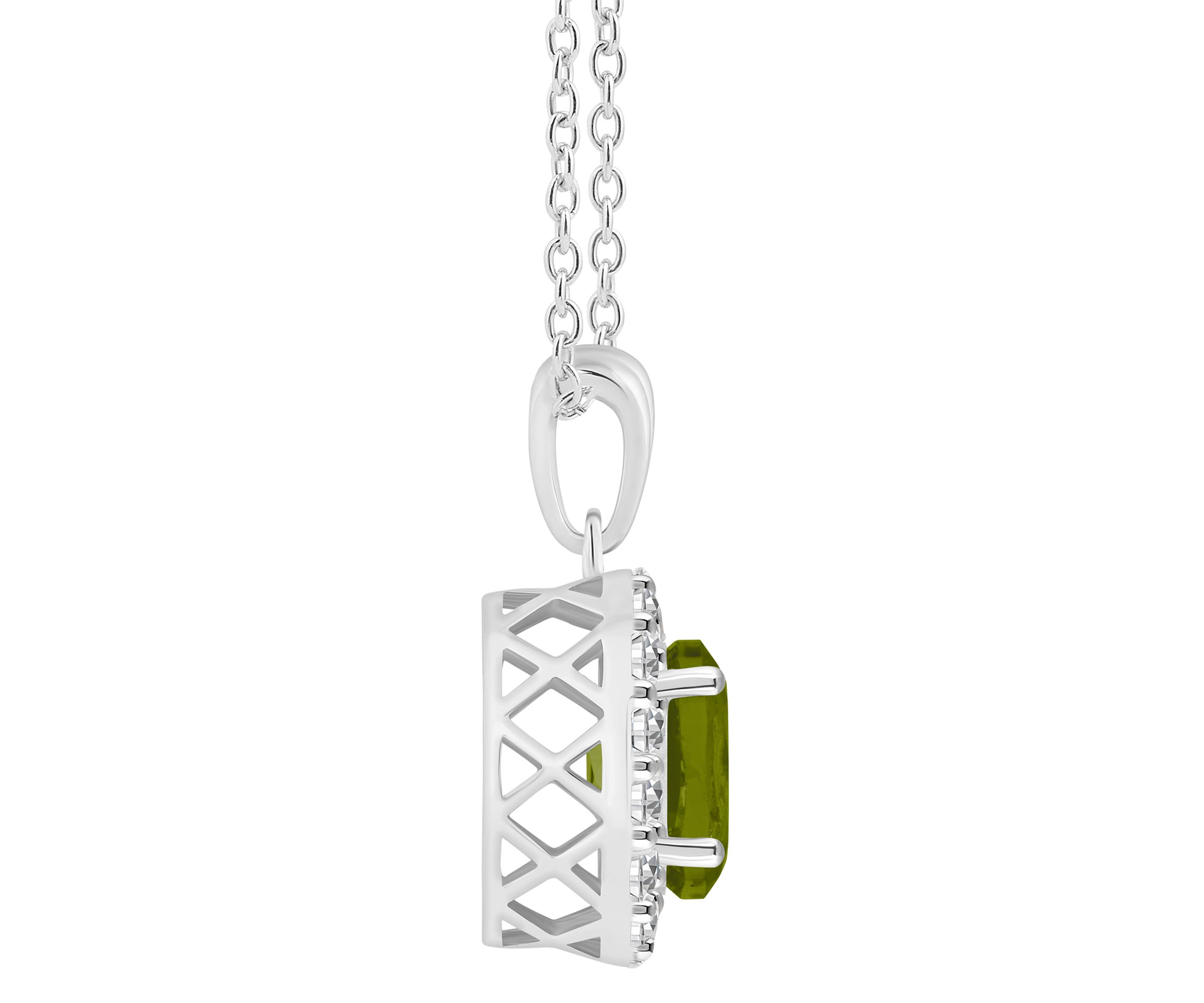 Sterling Silver 8x6mm Oval Peridot And White Topaz Halo Pendant Necklace