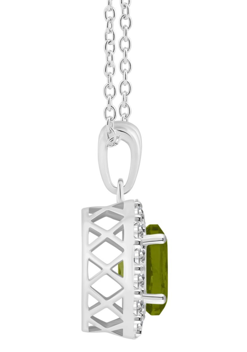Sterling Silver 8x6mm Oval Peridot And White Topaz Halo Pendant Necklace