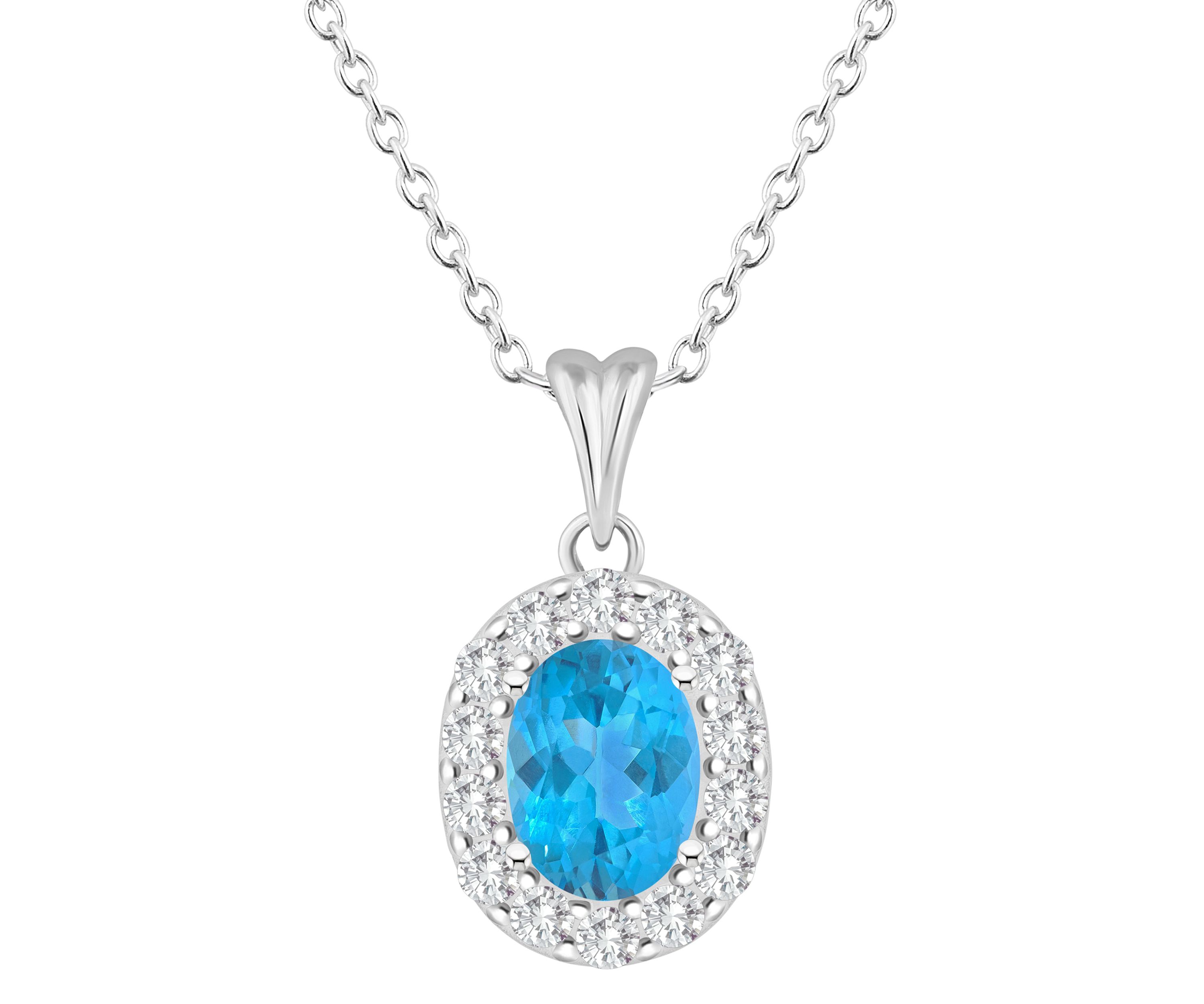 Sterling Silver 8x6mm Oval Blue Topaz And White Topaz Halo Pendant Necklace