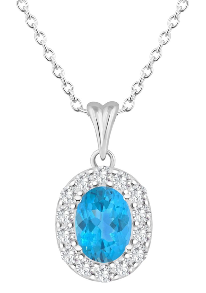 Sterling Silver 8x6mm Oval Blue Topaz And White Topaz Halo Pendant Necklace