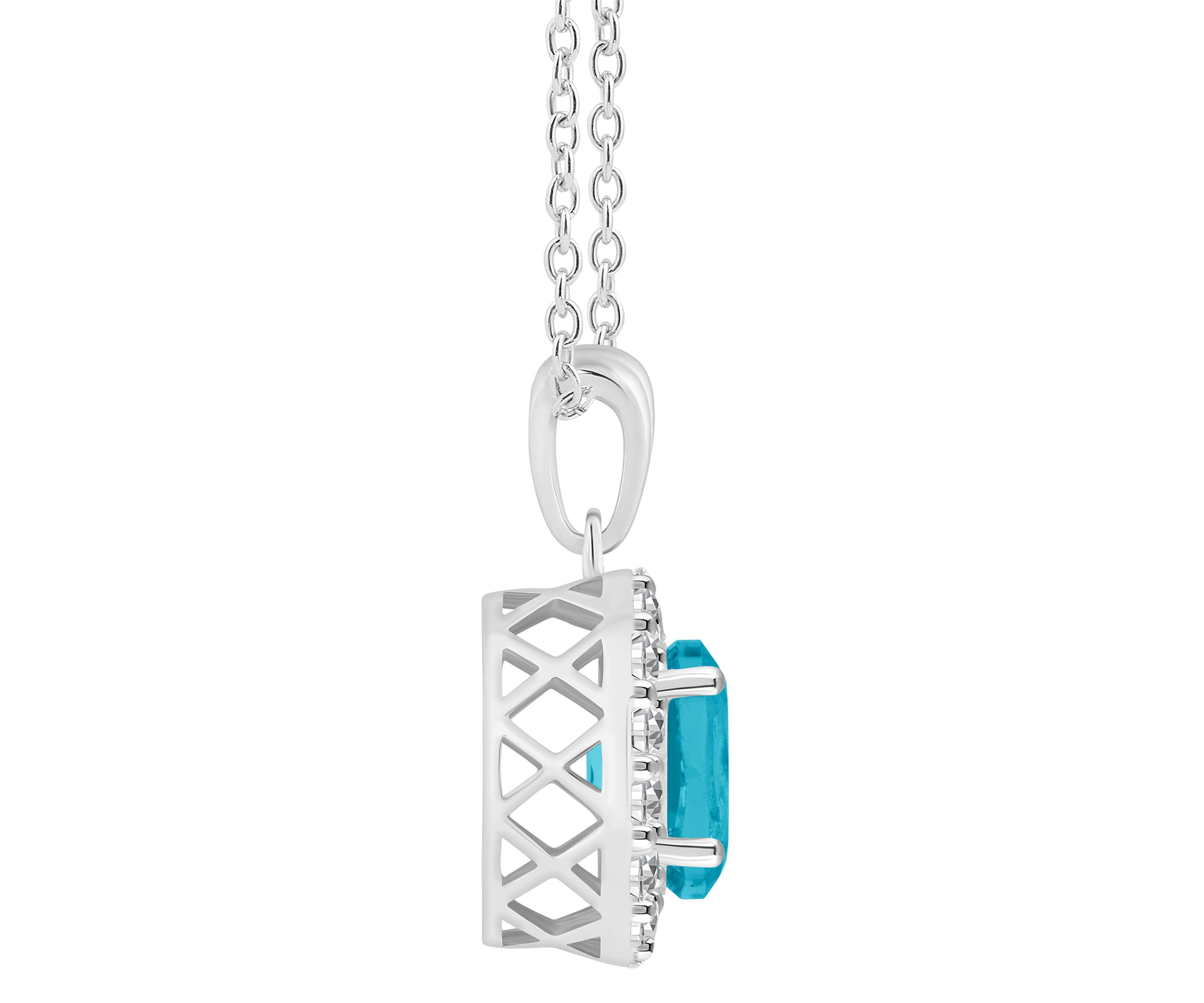 Sterling Silver 8x6mm Oval Blue Topaz And White Topaz Halo Pendant Necklace