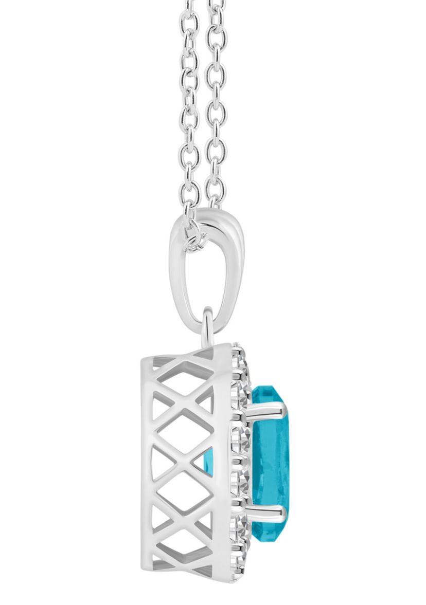 Sterling Silver 8x6mm Oval Blue Topaz And White Topaz Halo Pendant Necklace