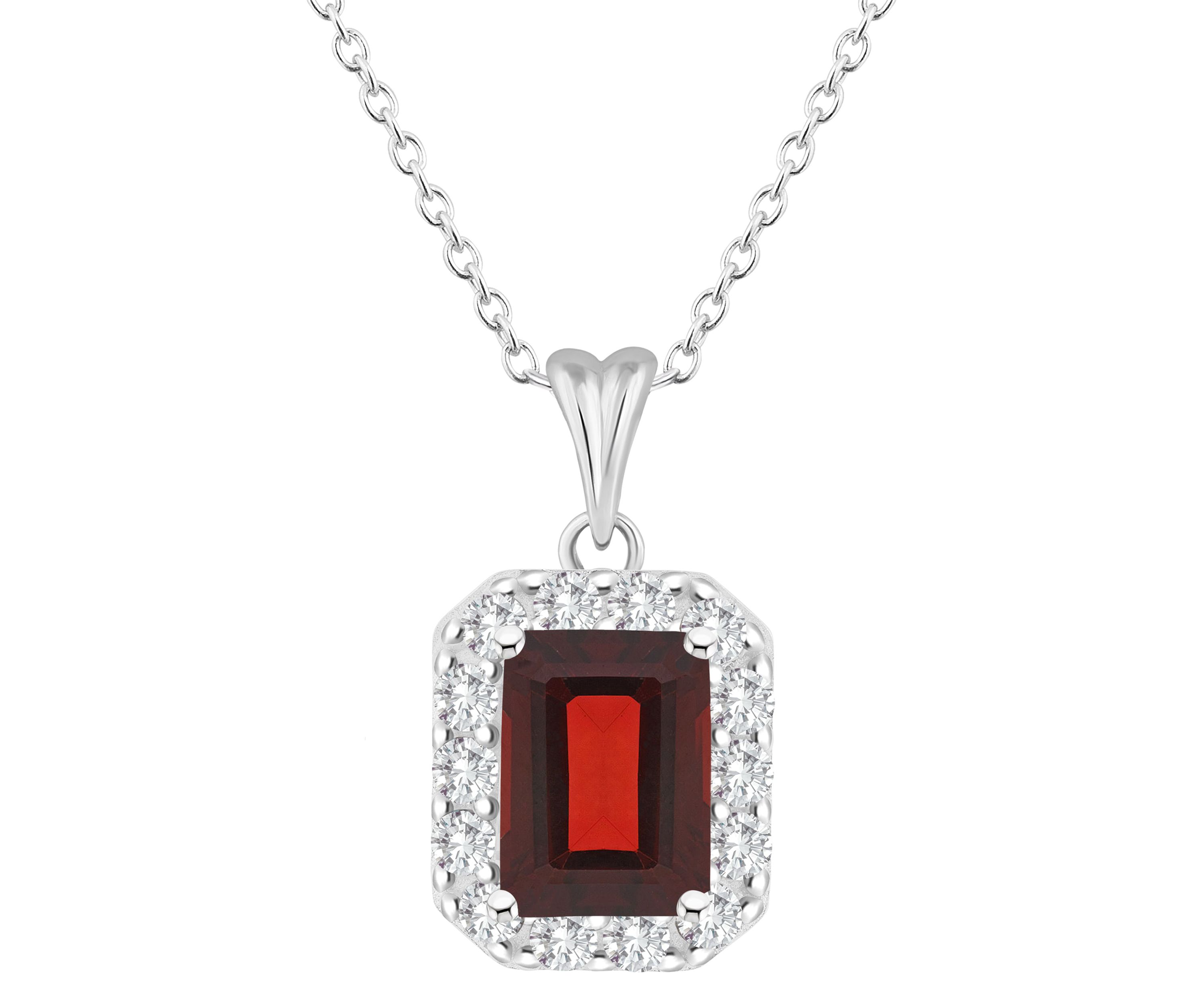 Sterling Silver 8x6mm Emerald Cut Garnet And White Topaz Halo Pendant Necklace