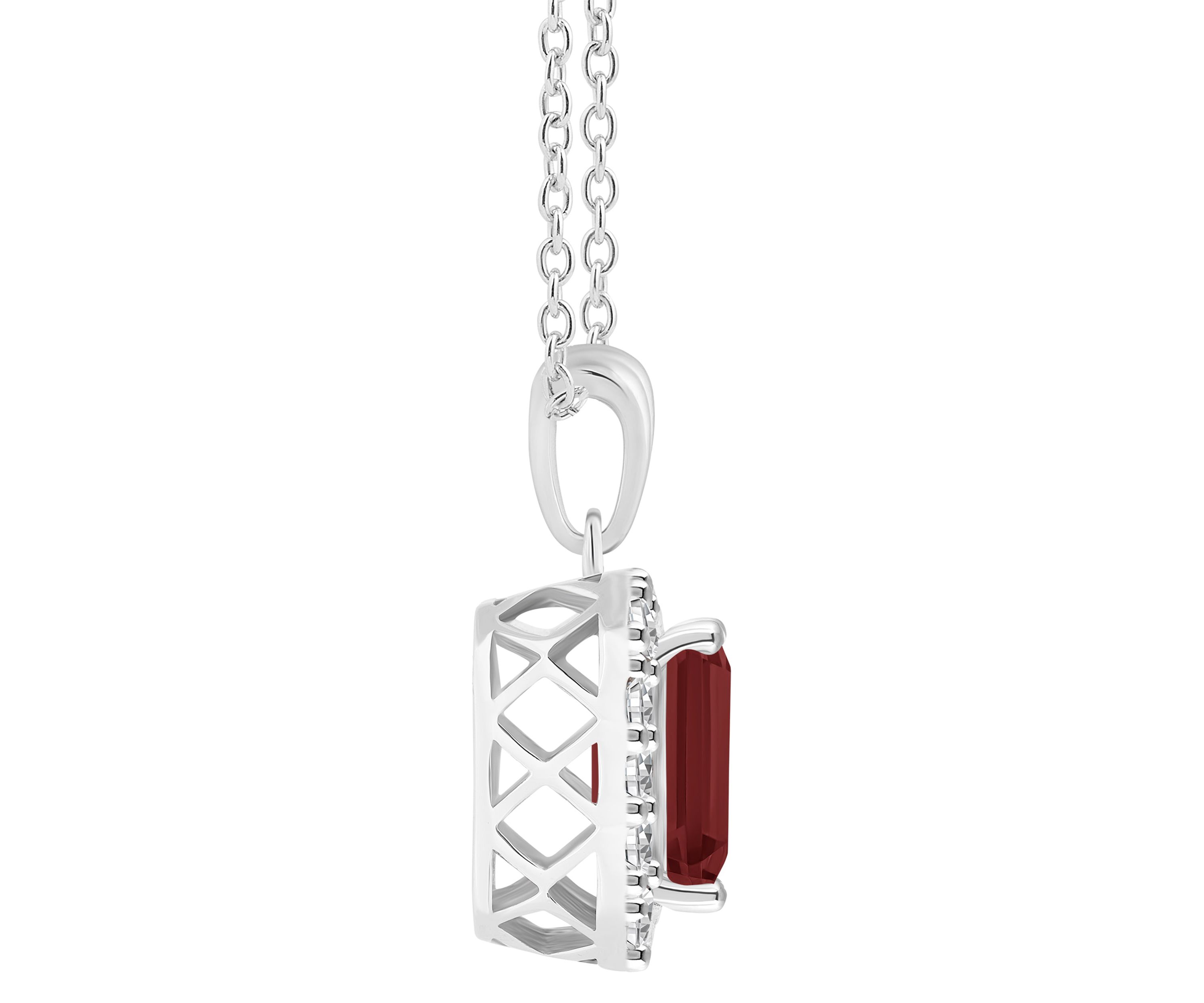 Sterling Silver 8x6mm Emerald Cut Garnet And White Topaz Halo Pendant Necklace