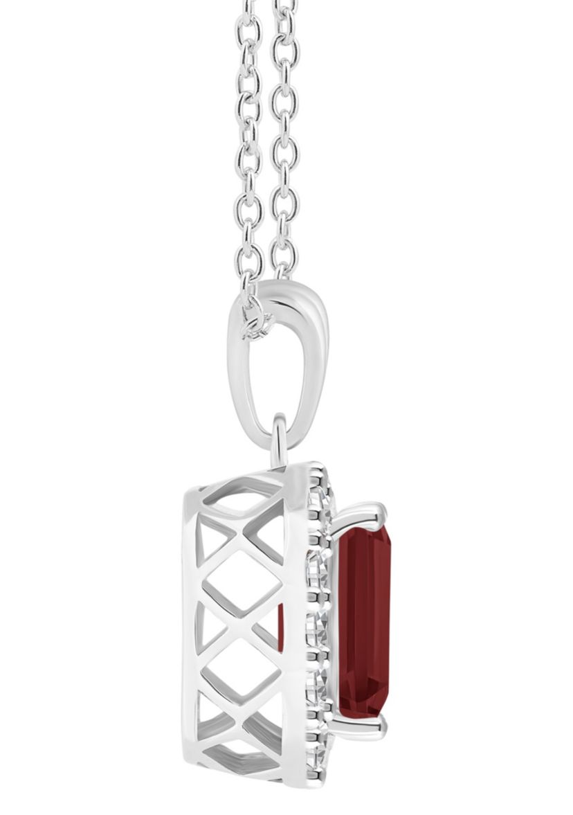 Sterling Silver 8x6mm Emerald Cut Garnet And White Topaz Halo Pendant Necklace