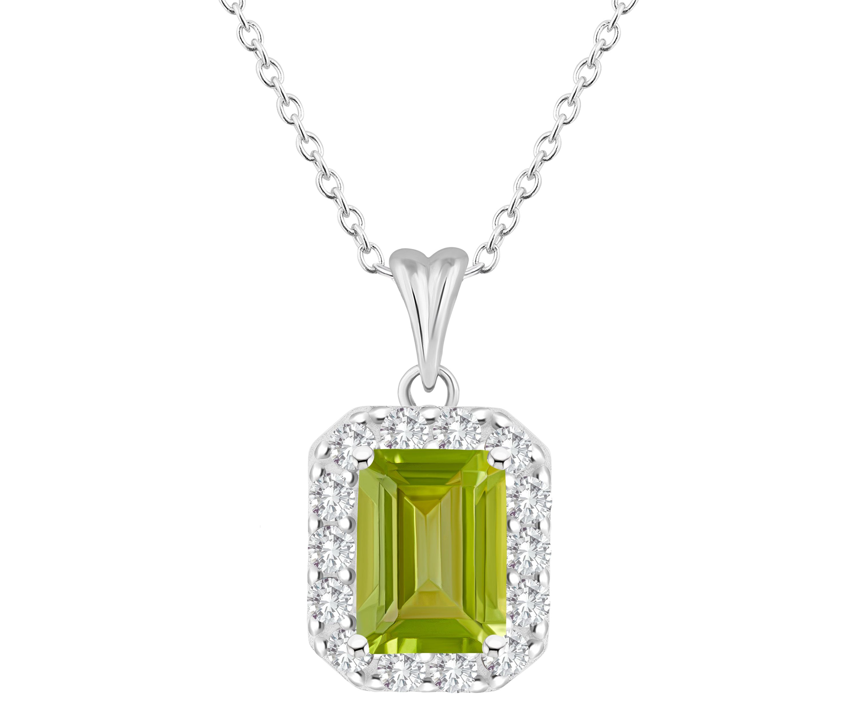 Sterling Silver 8x6mm Emerald Cut Peridot And White Topaz Halo Pendant Necklace