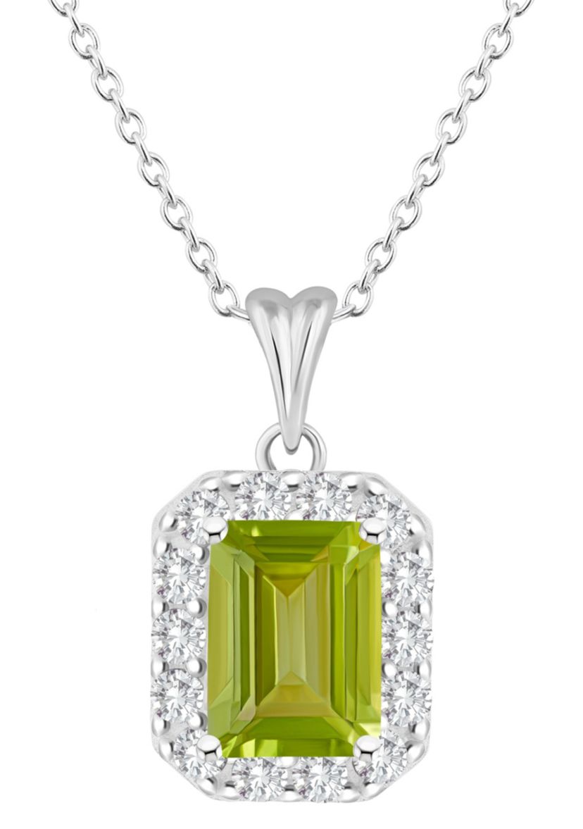 Sterling Silver 8x6mm Emerald Cut Peridot And White Topaz Halo Pendant Necklace