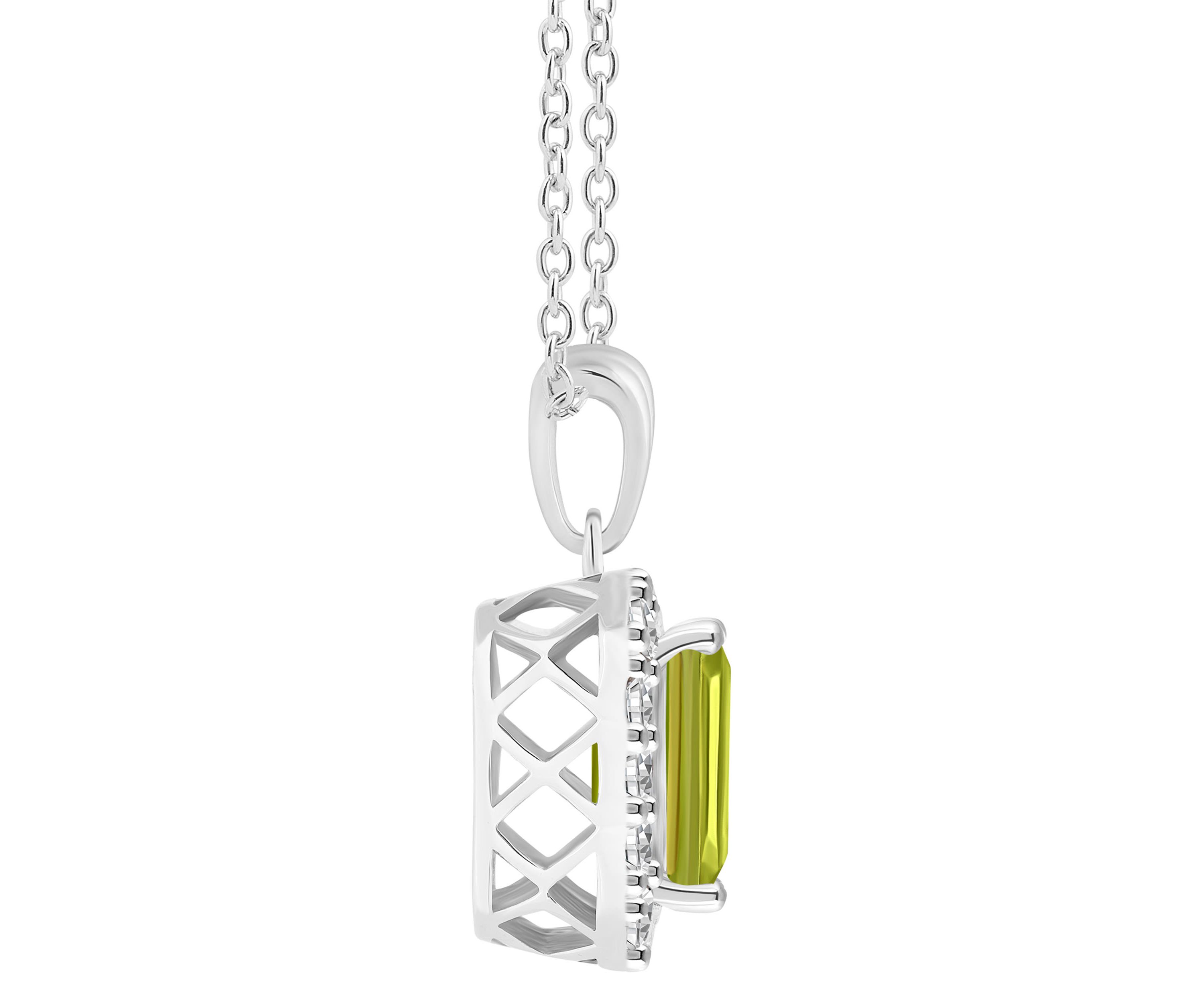 Sterling Silver 8x6mm Emerald Cut Peridot And White Topaz Halo Pendant Necklace