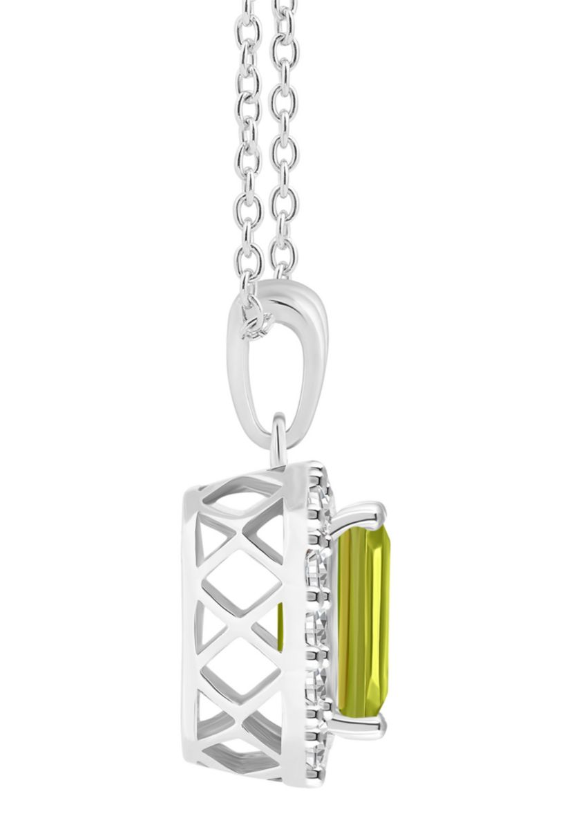 Sterling Silver 8x6mm Emerald Cut Peridot And White Topaz Halo Pendant Necklace