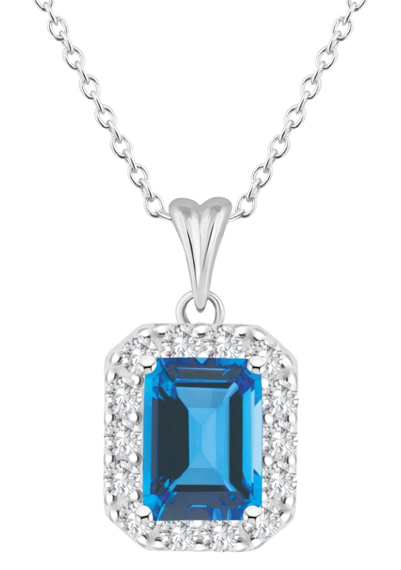 Sterling Silver 8x6mm Emerald Cut Blue Topaz And White Topaz Halo Pendant Necklace