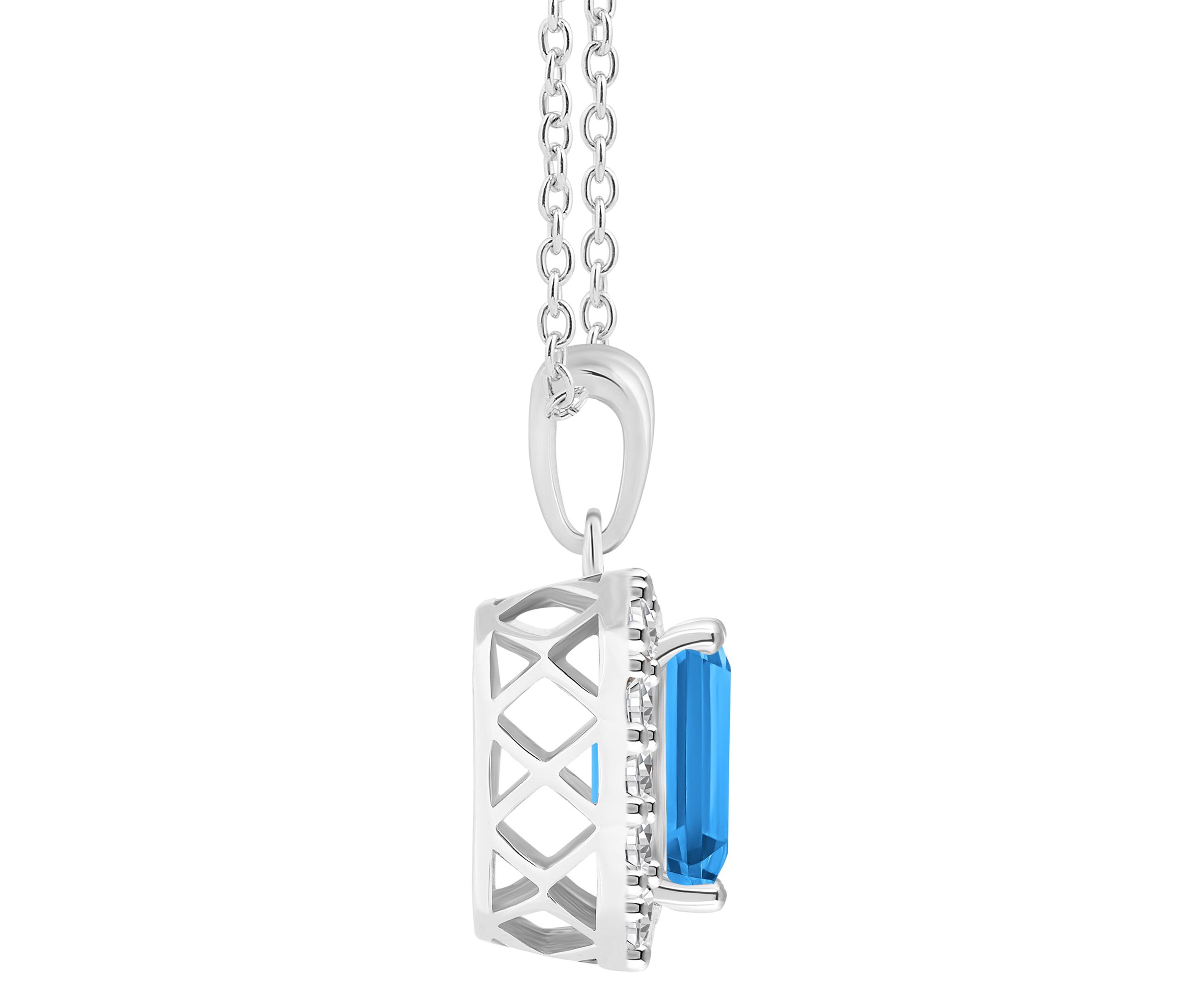 Sterling Silver 8x6mm Emerald Cut Blue Topaz And White Topaz Halo Pendant Necklace
