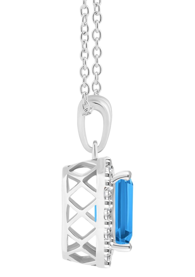 Sterling Silver 8x6mm Emerald Cut Blue Topaz And White Topaz Halo Pendant Necklace
