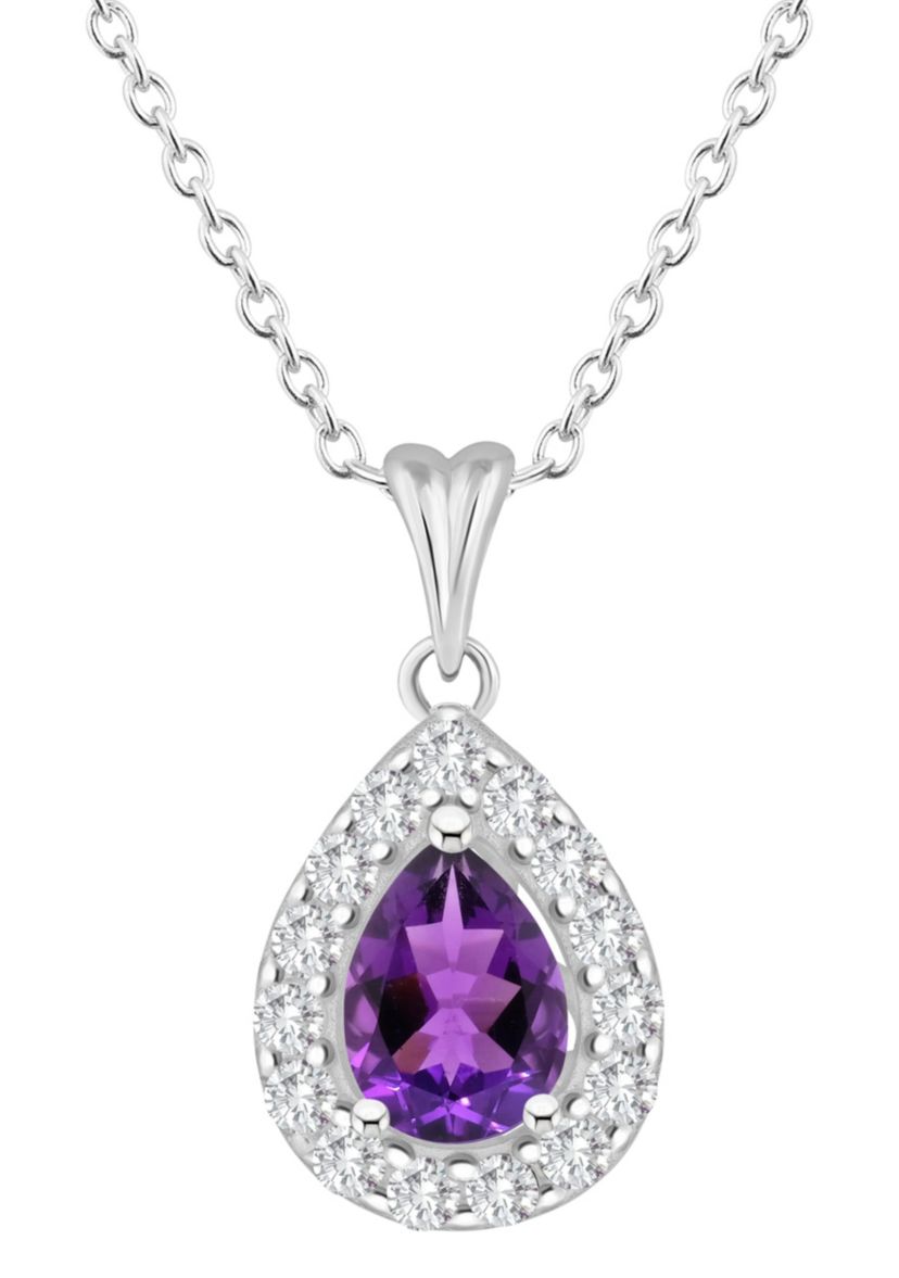 Sterling Silver 8x5mm Pear Shape Amethyst And White Topaz Halo Pendant Necklace