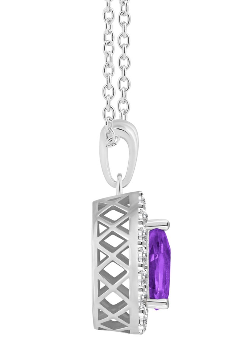 Sterling Silver 8x5mm Pear Shape Amethyst And White Topaz Halo Pendant Necklace