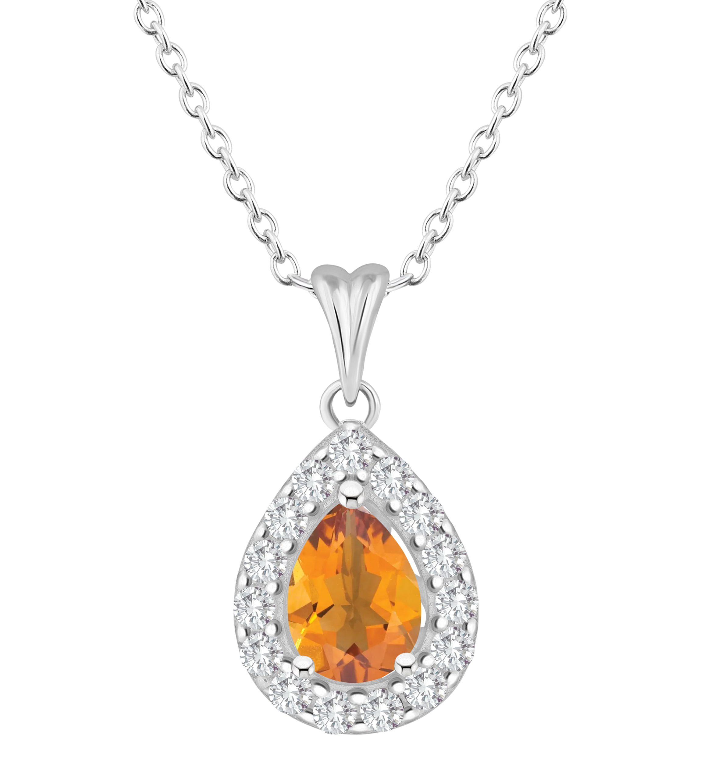 Sterling Silver 8x5mm Pear Shape Citrine And White Topaz Halo Pendant Necklace