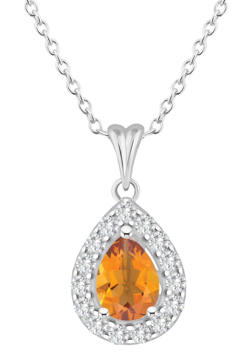 Sterling Silver 8x5mm Pear Shape Citrine And White Topaz Halo Pendant Necklace