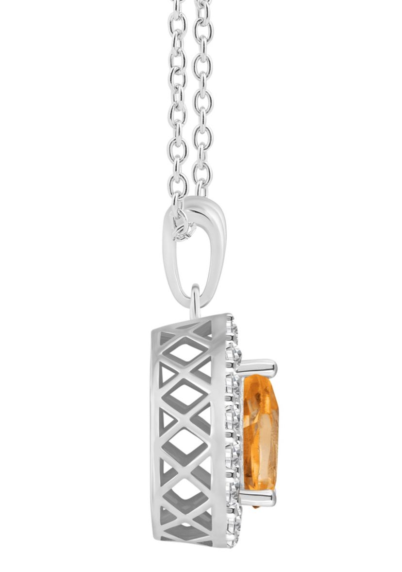 Sterling Silver 8x5mm Pear Shape Citrine And White Topaz Halo Pendant Necklace