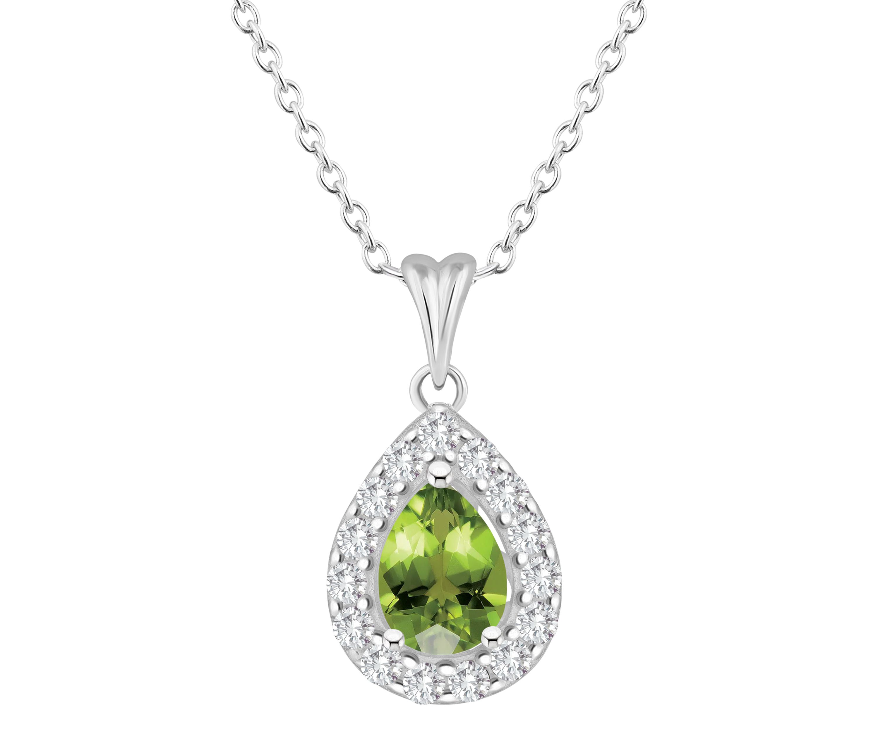 Sterling Silver 8x5mm Pear Shape Peridot And White Topaz Halo Pendant Necklace