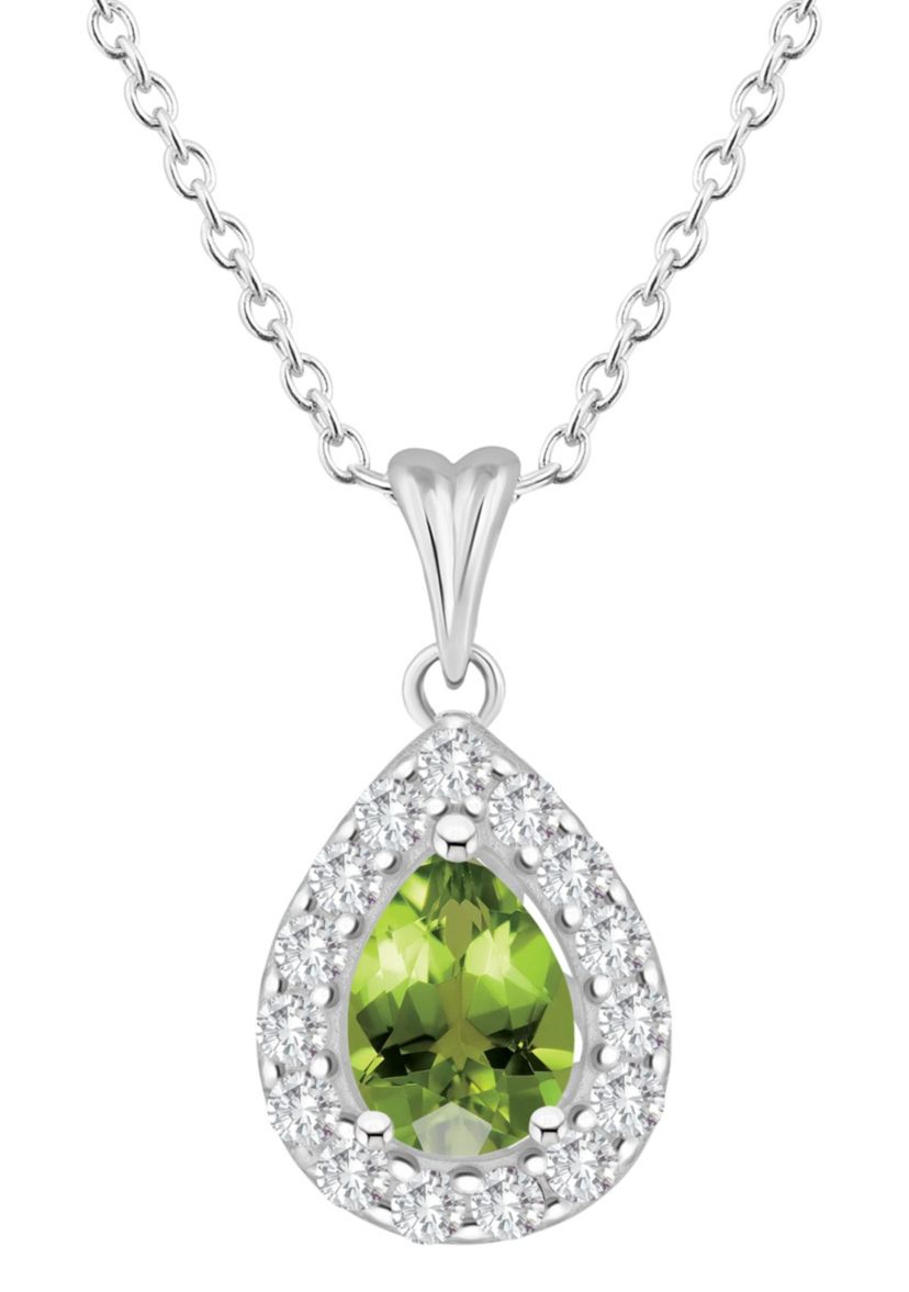 Sterling Silver 8x5mm Pear Shape Peridot And White Topaz Halo Pendant Necklace