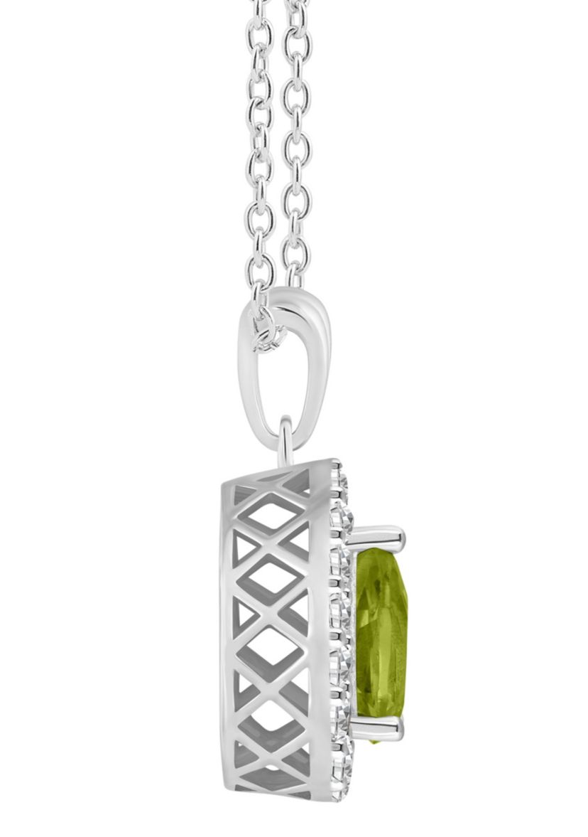 Sterling Silver 8x5mm Pear Shape Peridot And White Topaz Halo Pendant Necklace