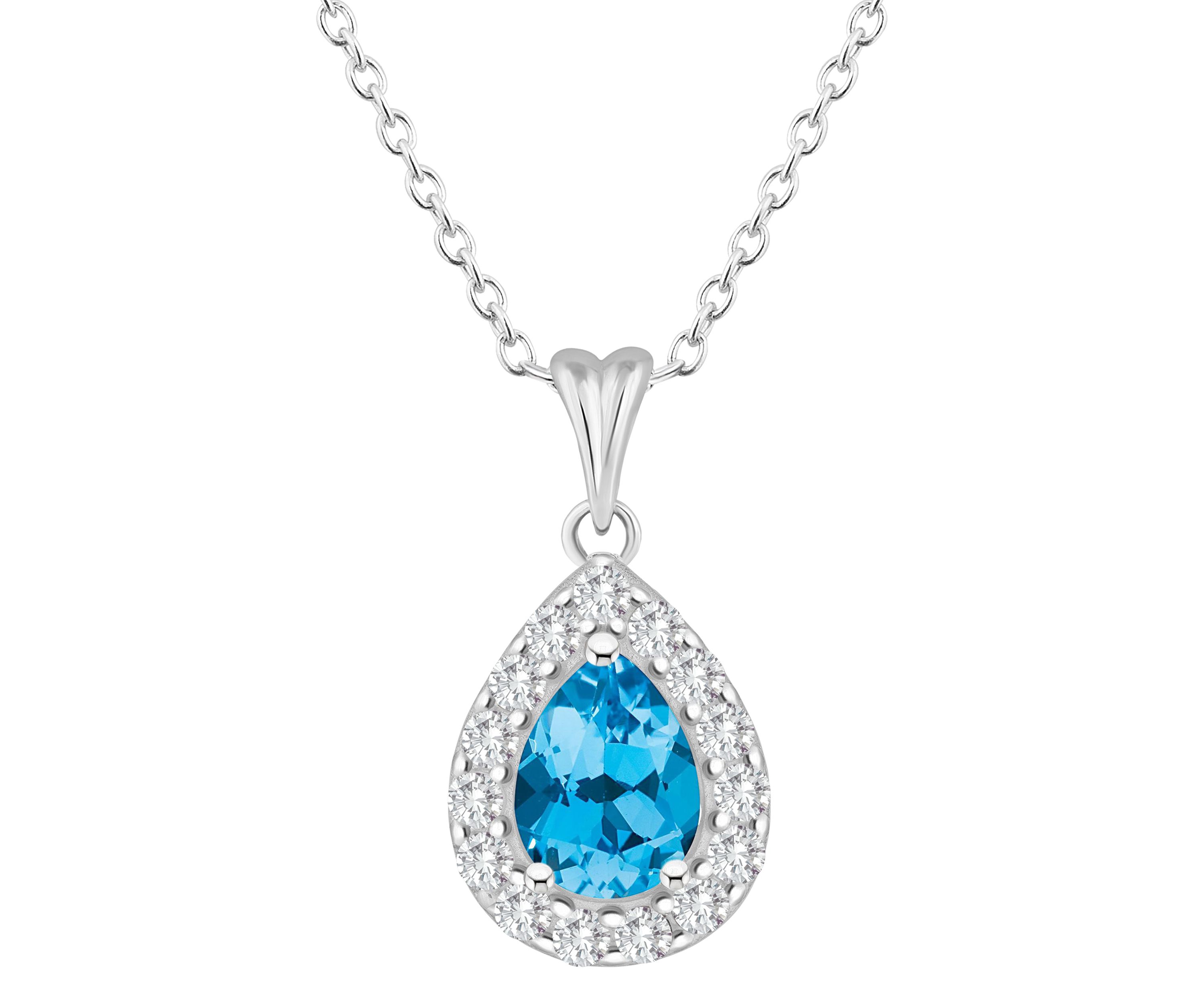 Sterling Silver 8x5mm Pear Shape Blue Topaz And White Topaz Halo Pendant Necklace