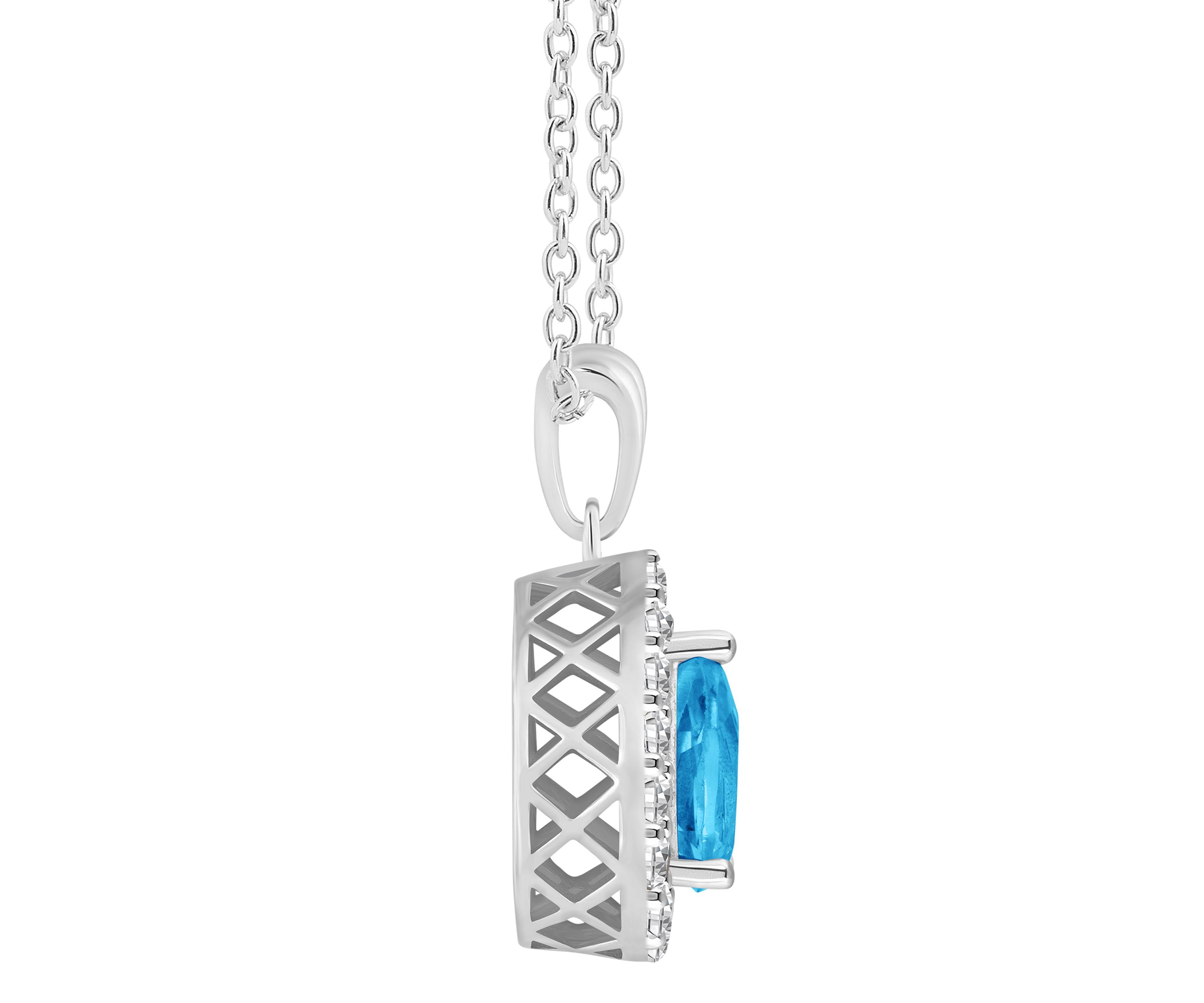 Sterling Silver 8x5mm Pear Shape Blue Topaz And White Topaz Halo Pendant Necklace