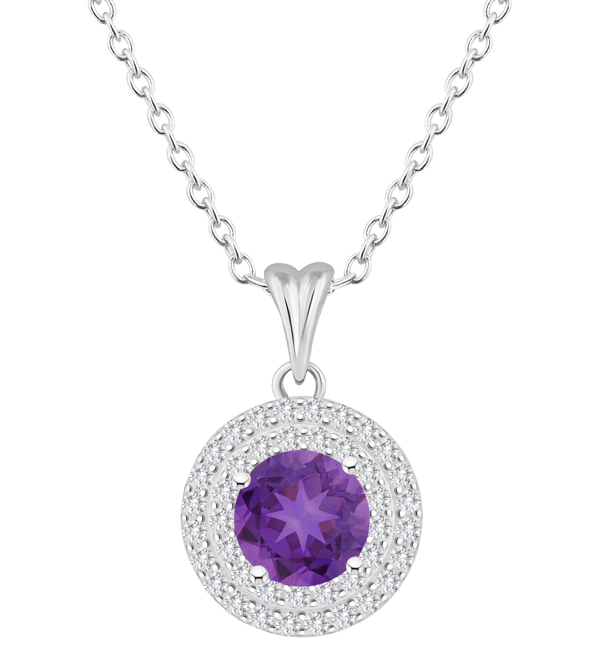Sterling Silver 7mm Round Amethyst And White Topaz Double Halo Pendant Necklace