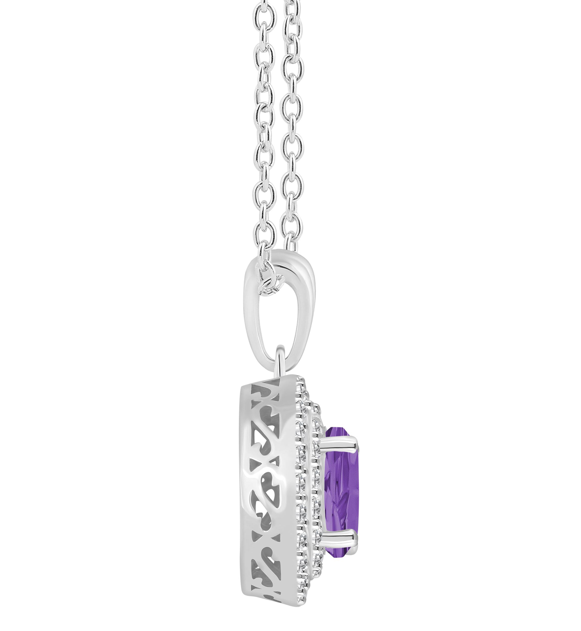 Sterling Silver 7mm Round Amethyst And White Topaz Double Halo Pendant Necklace