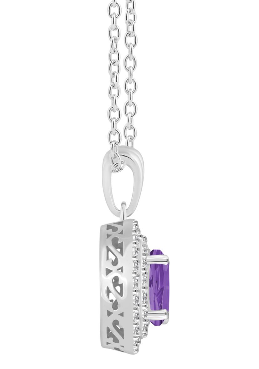 Sterling Silver 7mm Round Amethyst And White Topaz Double Halo Pendant Necklace