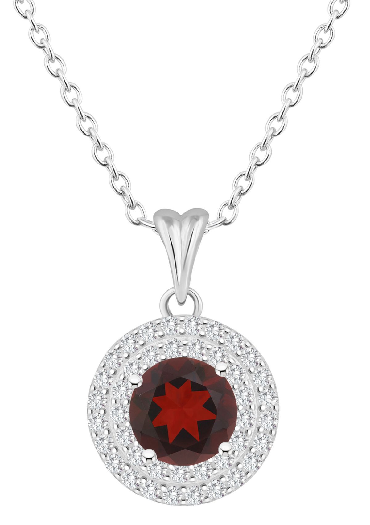 Sterling Silver 7mm Round Garnet And White Topaz Double Halo Pendant Necklace