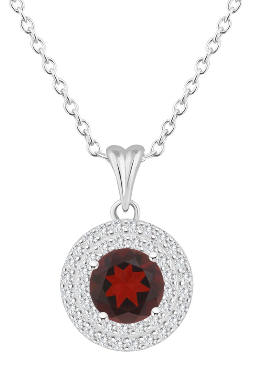 Sterling Silver 7mm Round Garnet And White Topaz Double Halo Pendant Necklace