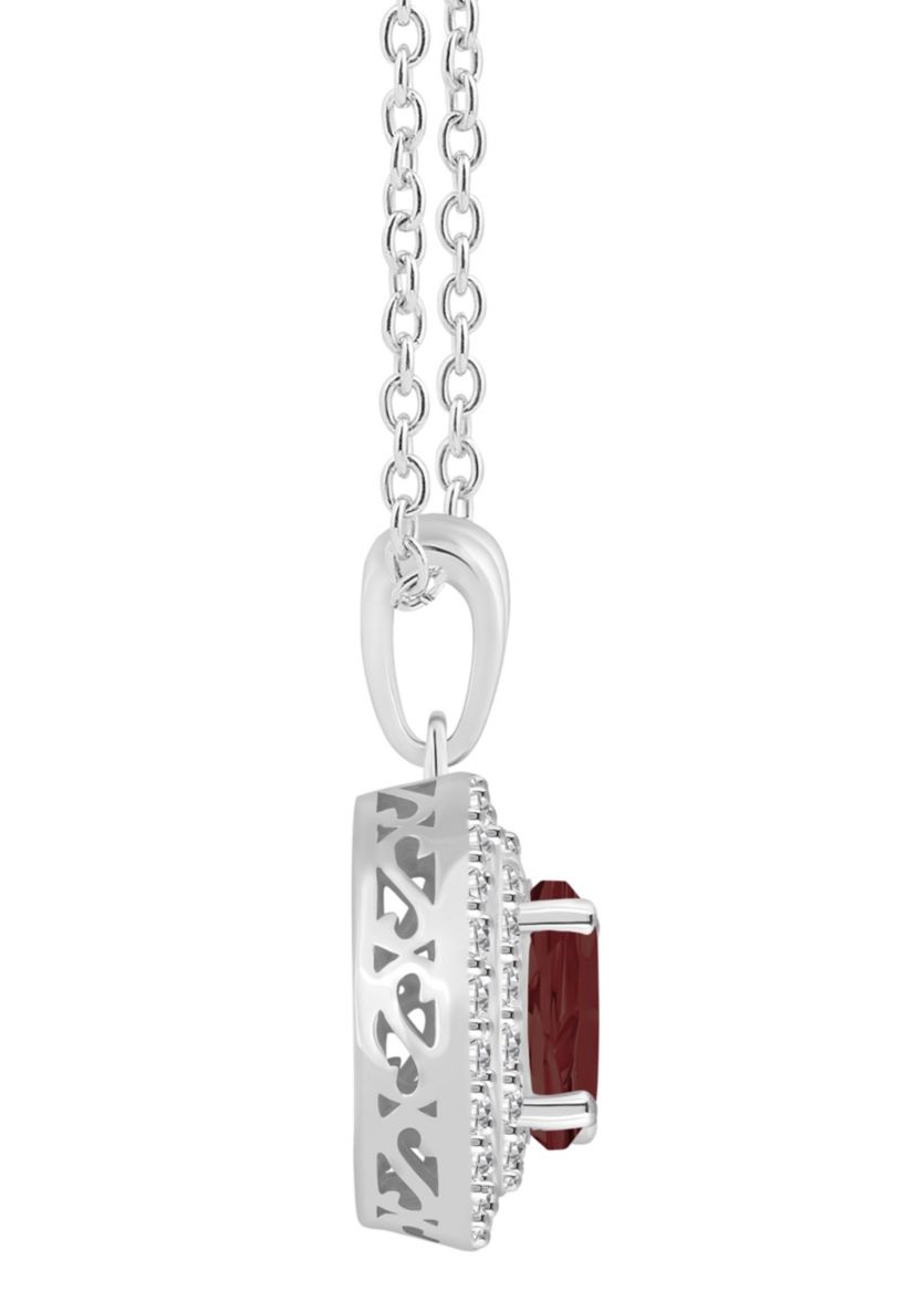 Sterling Silver 7mm Round Garnet And White Topaz Double Halo Pendant Necklace