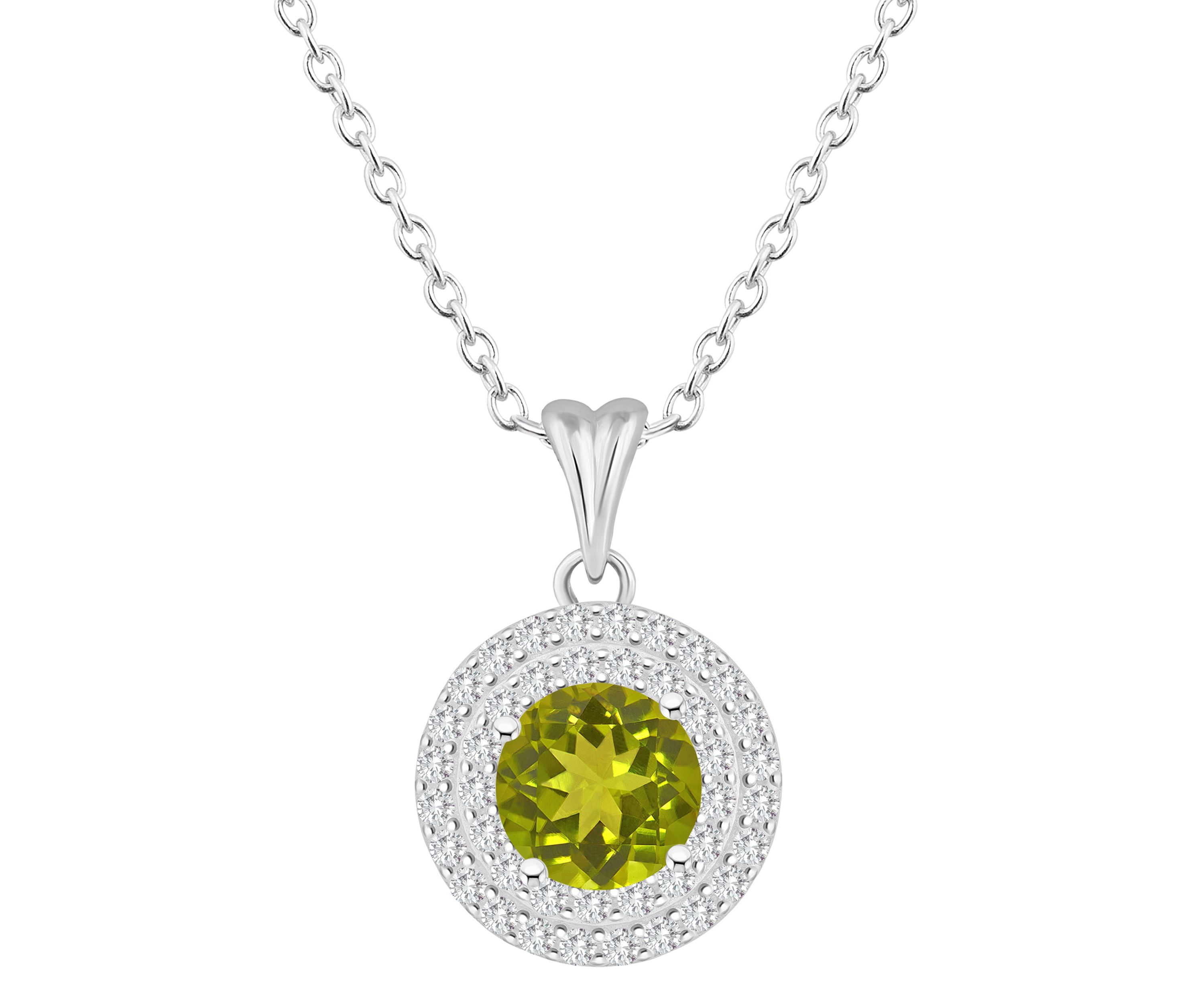 Sterling Silver 7mm Round Peridot And White Topaz Double Halo Pendant Necklace