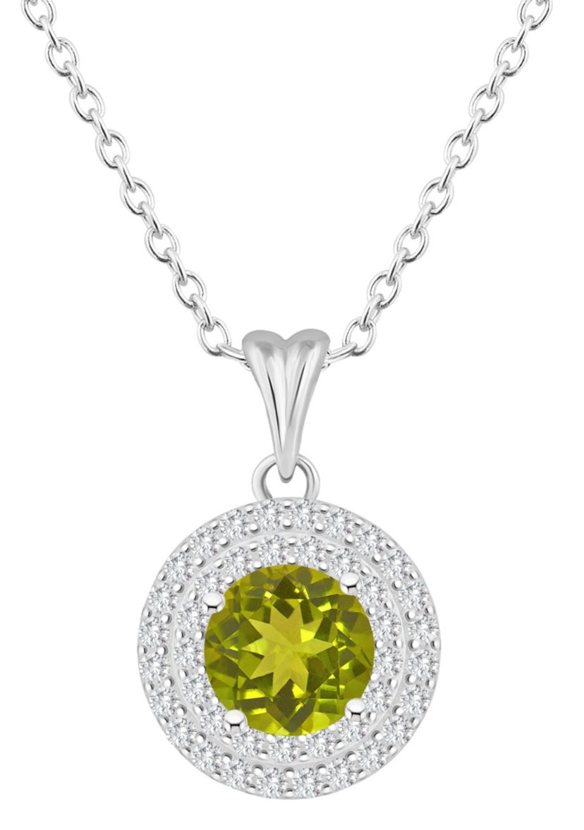 Sterling Silver 7mm Round Peridot And White Topaz Double Halo Pendant Necklace
