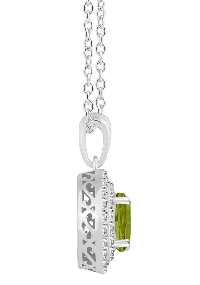 Sterling Silver 7mm Round Peridot And White Topaz Double Halo Pendant Necklace