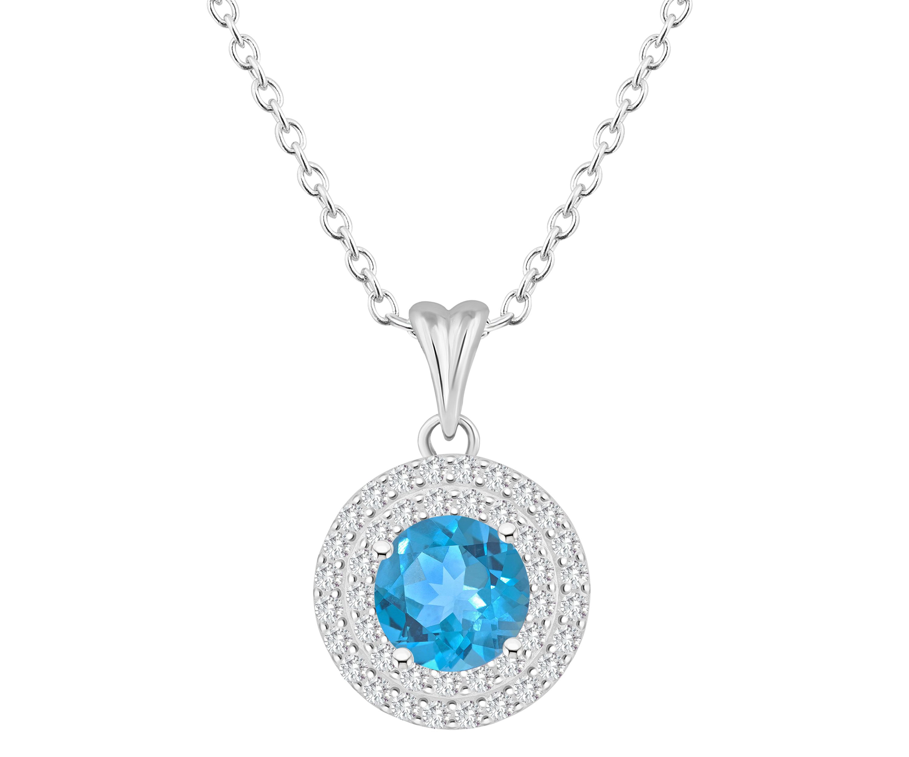 Sterling Silver 7mm Round Blue Topaz And White Topaz Double Halo Pendant Necklace