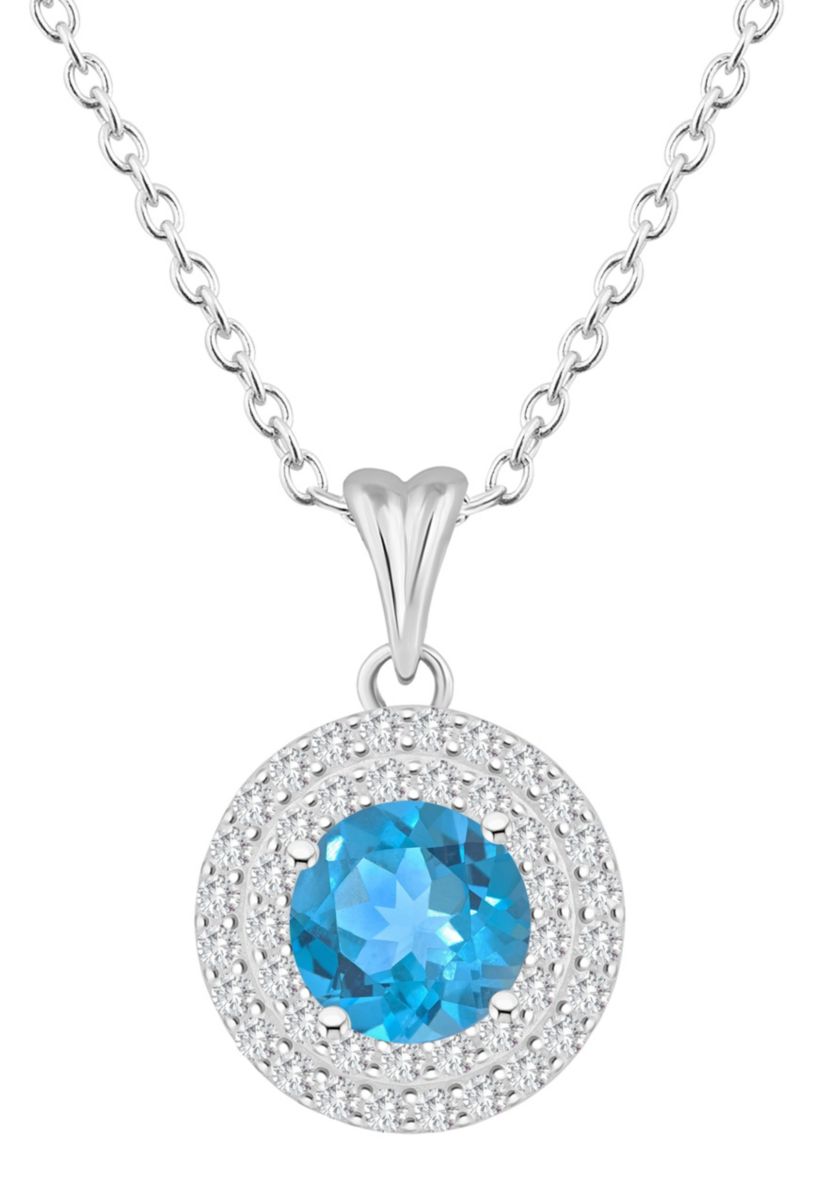 Sterling Silver 7mm Round Blue Topaz And White Topaz Double Halo Pendant Necklace