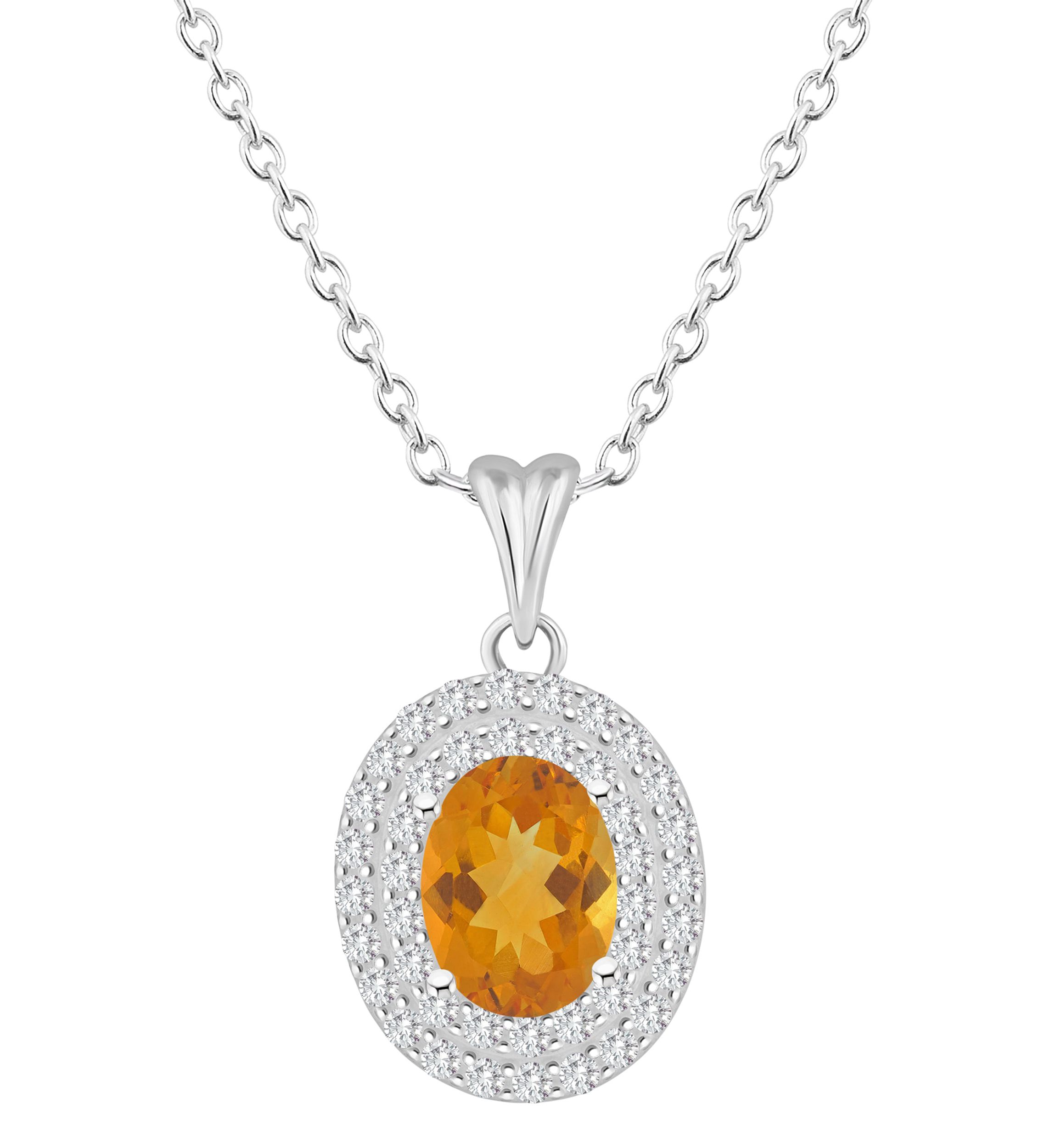 Sterling Silver 8x6mm Oval Citrine And White Topaz Double Halo Pendant Necklace