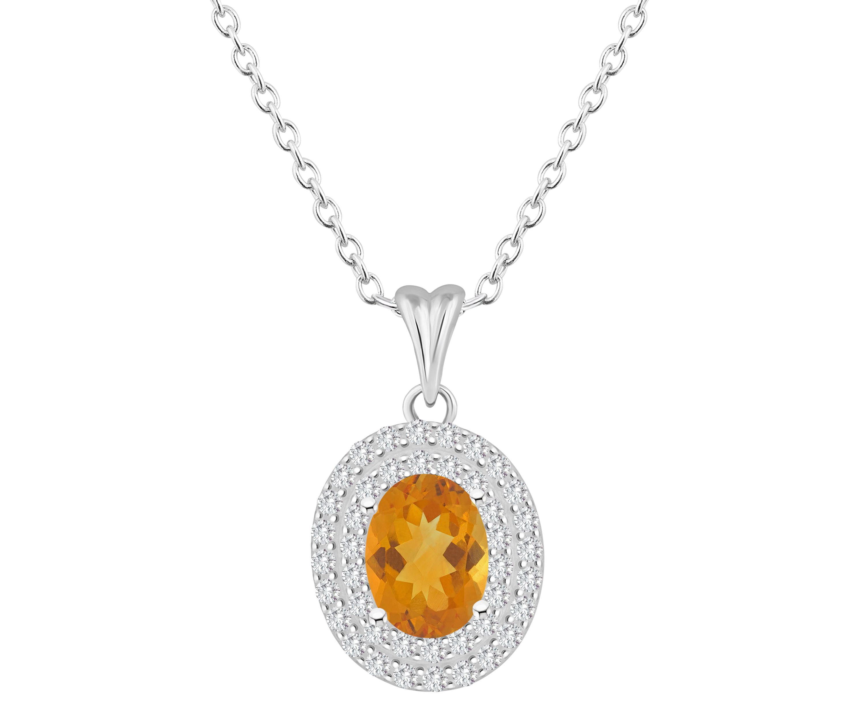 Sterling Silver 8x6mm Oval Citrine And White Topaz Double Halo Pendant Necklace