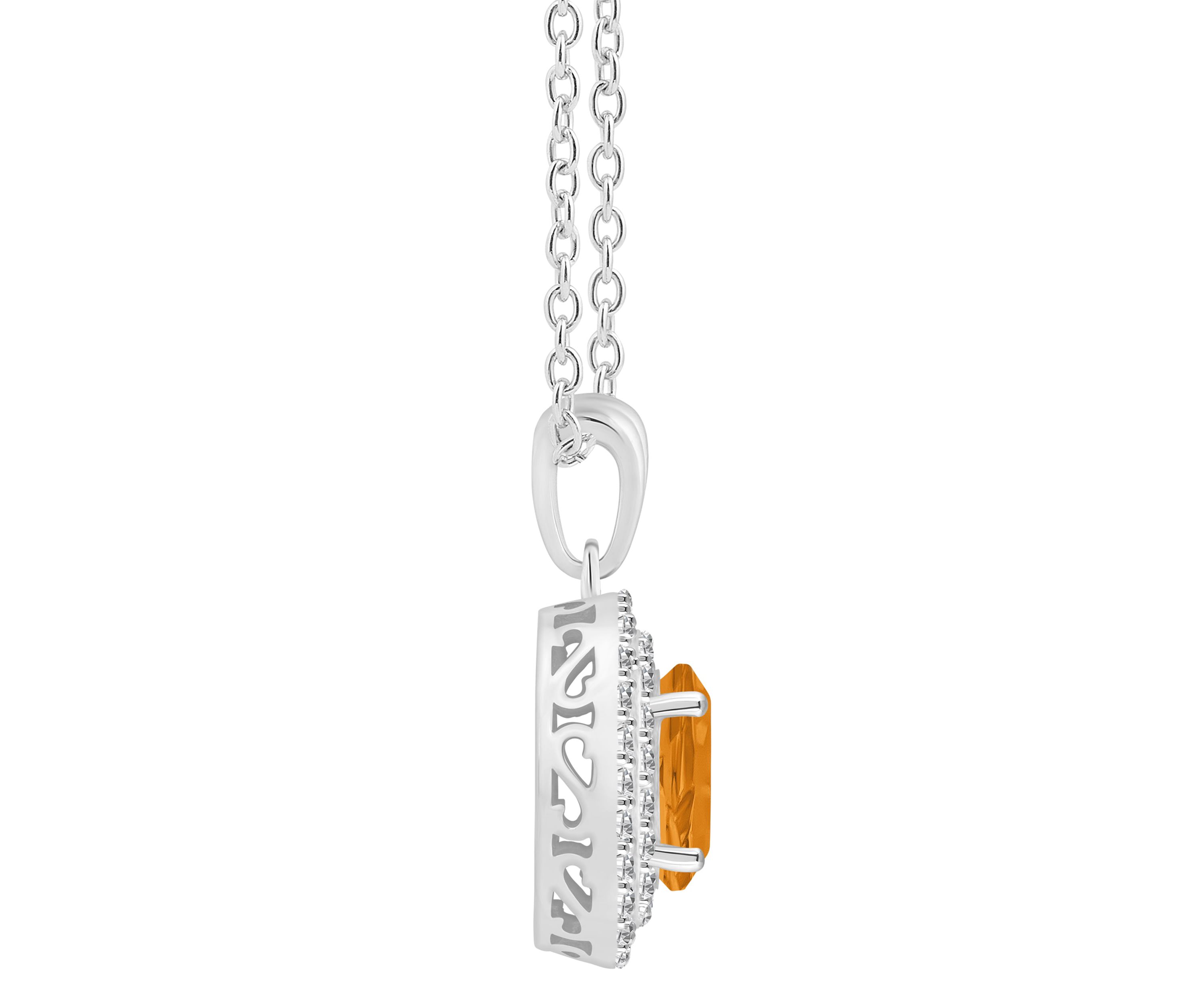Sterling Silver 8x6mm Oval Citrine And White Topaz Double Halo Pendant Necklace