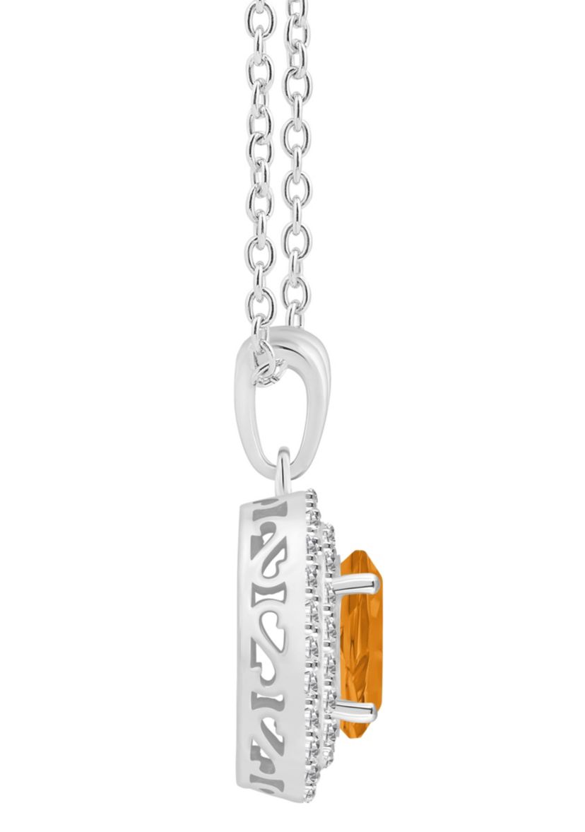 Sterling Silver 8x6mm Oval Citrine And White Topaz Double Halo Pendant Necklace