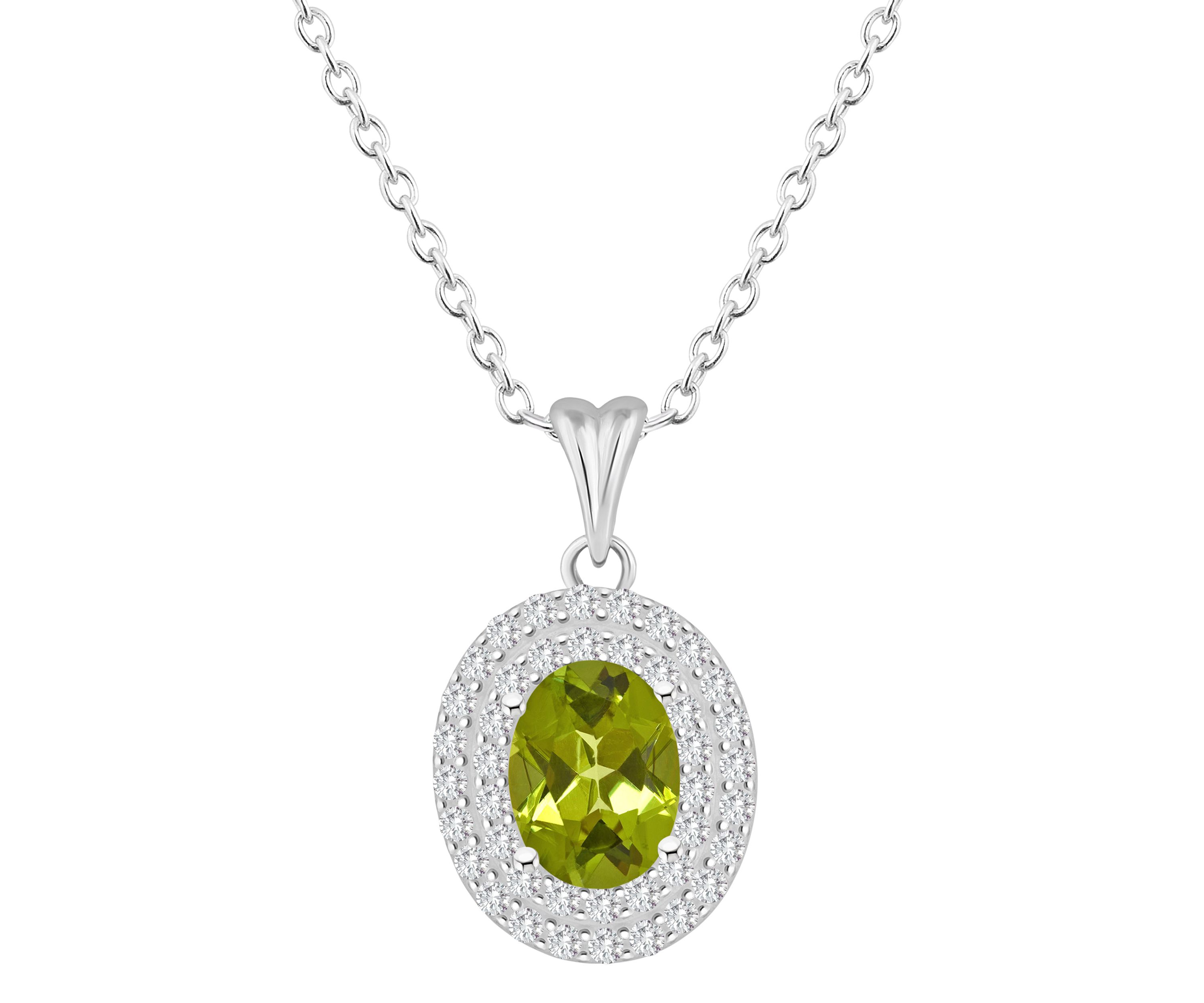 Sterling Silver 8x6mm Oval Peridot And White Topaz Double Halo Pendant Necklace